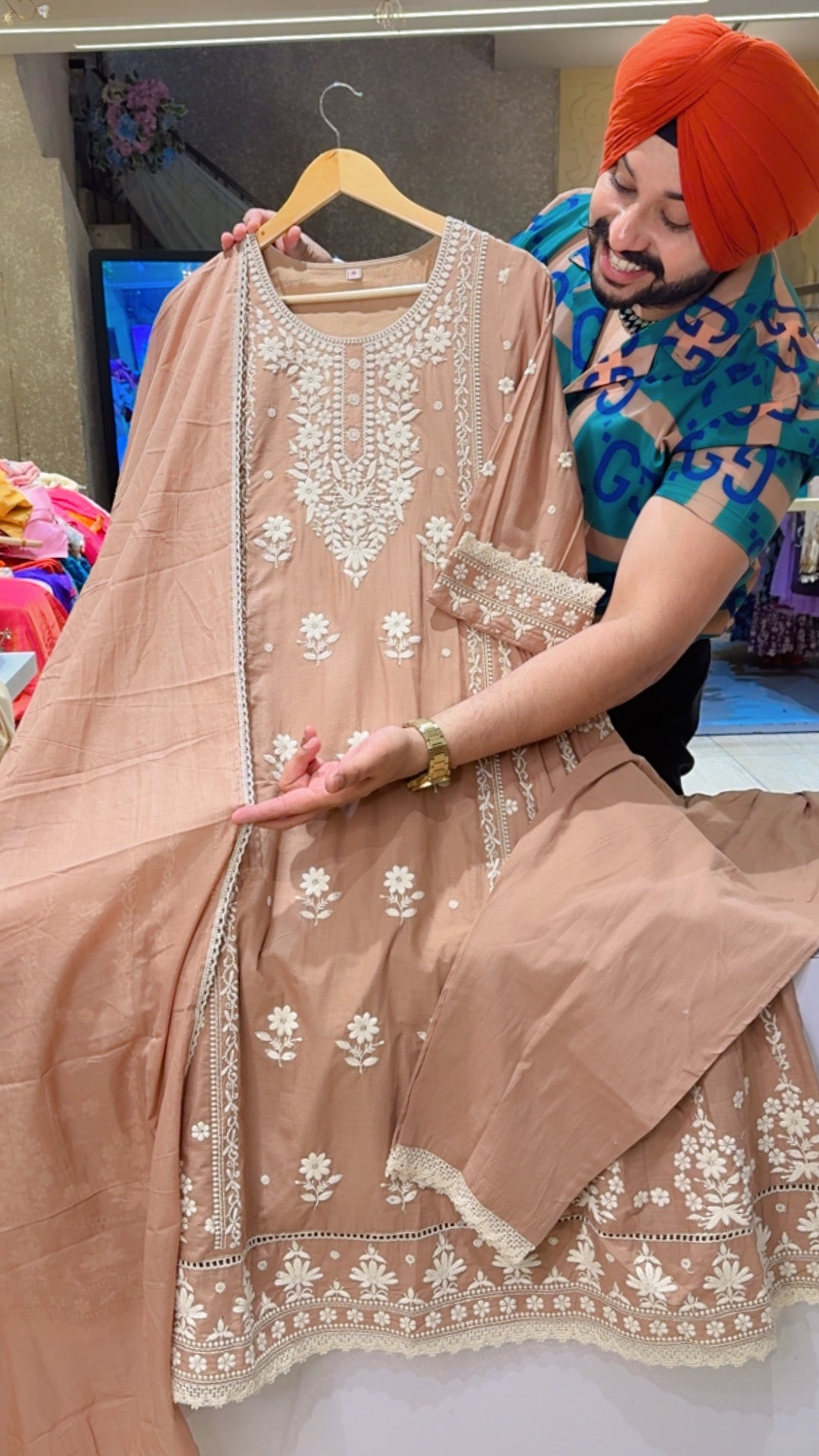 Nude Brown Pure Cotton Fully embroidered Summerish Anarkali Suit