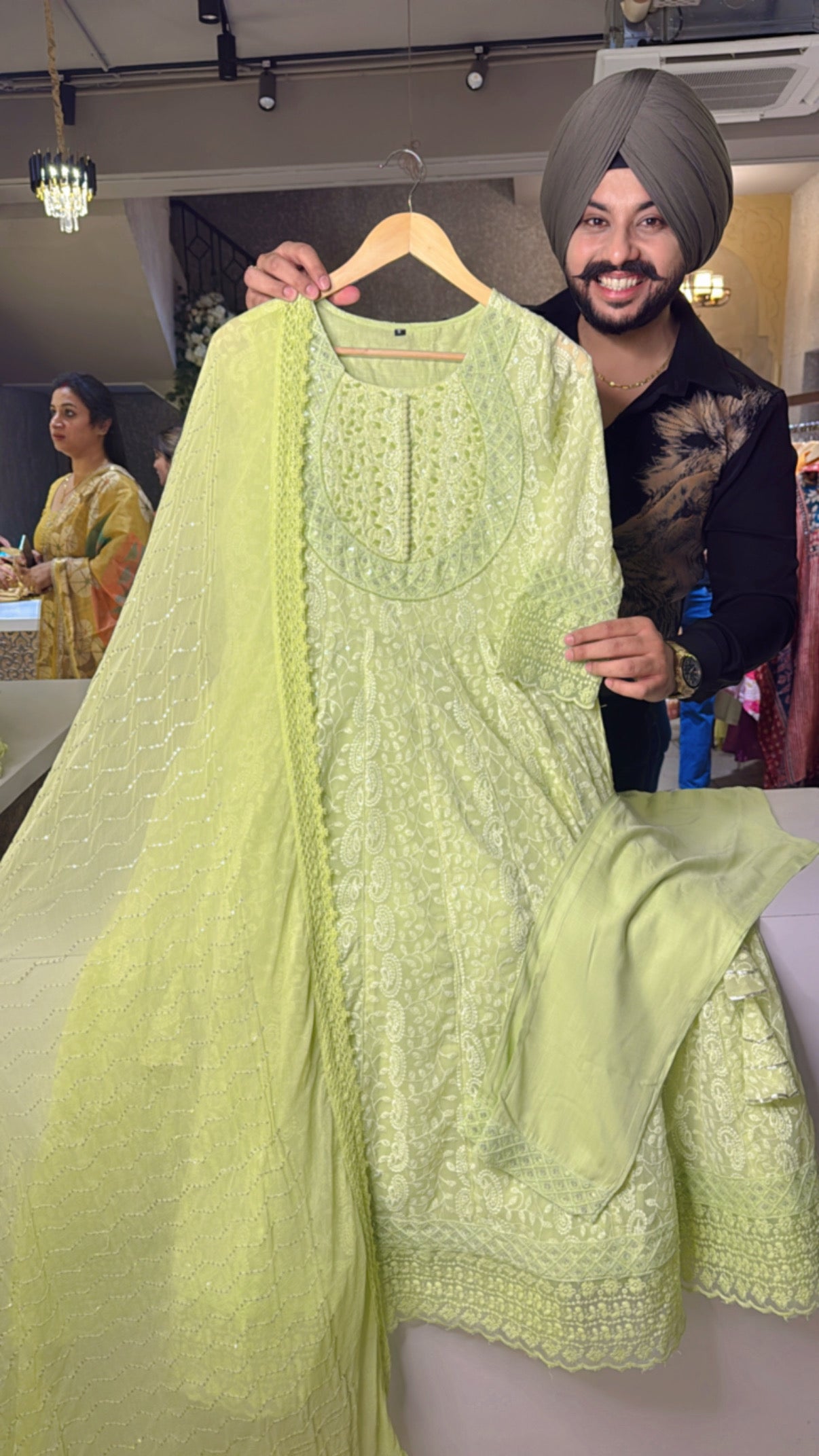 Light Green Georgette Fully Embroidered Heavy Anarkali Suit with Sequins work Chiffon Duppata