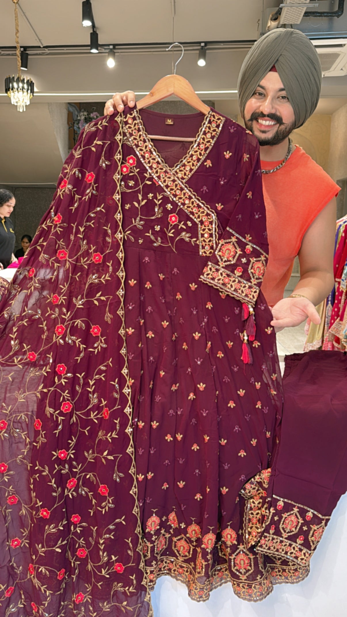 Wine Georgette Embroidered Angrakha Anarkali Suit with Fully Embroidered Duppata