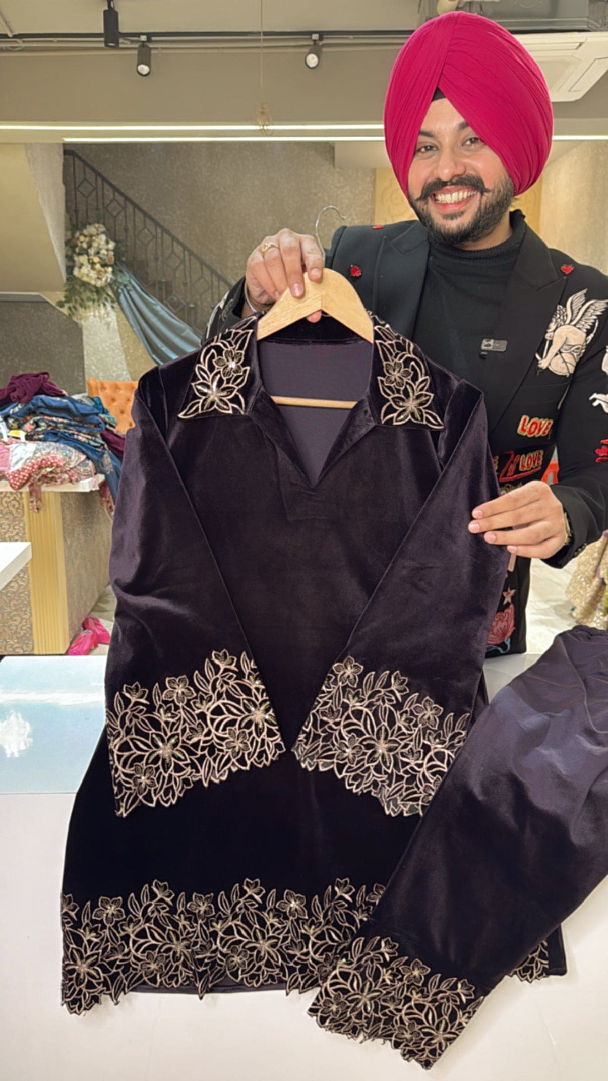 Dark Purple Strechable Velvet Collar neck Pakistani Coord set with Heavy Embroidery Work on it