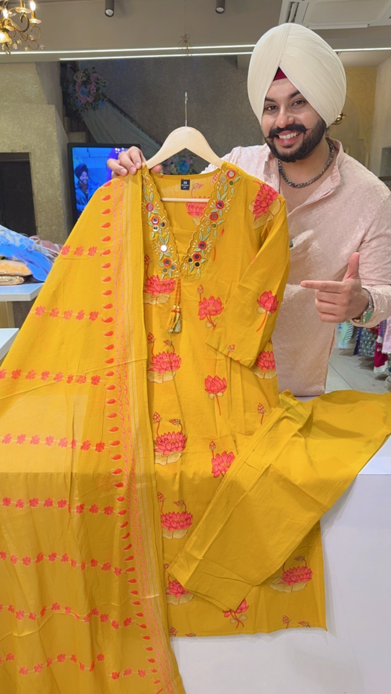 yellow pure Cotton Floral Print Office wear suit with Beautiful Embroidery Work on neck