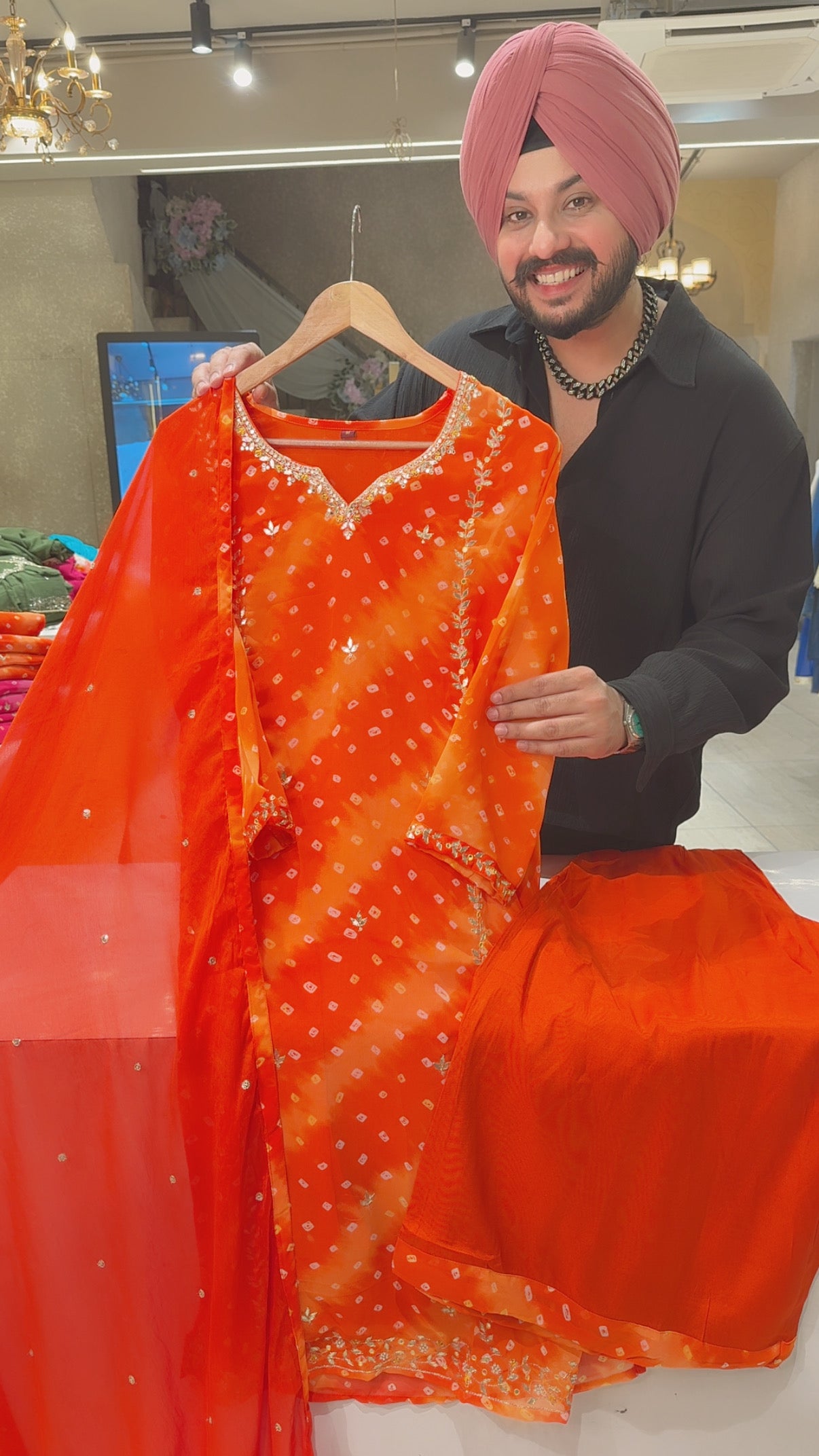 Orange Chinon Bandhej Print Georgette Party Wear Plazo Suit