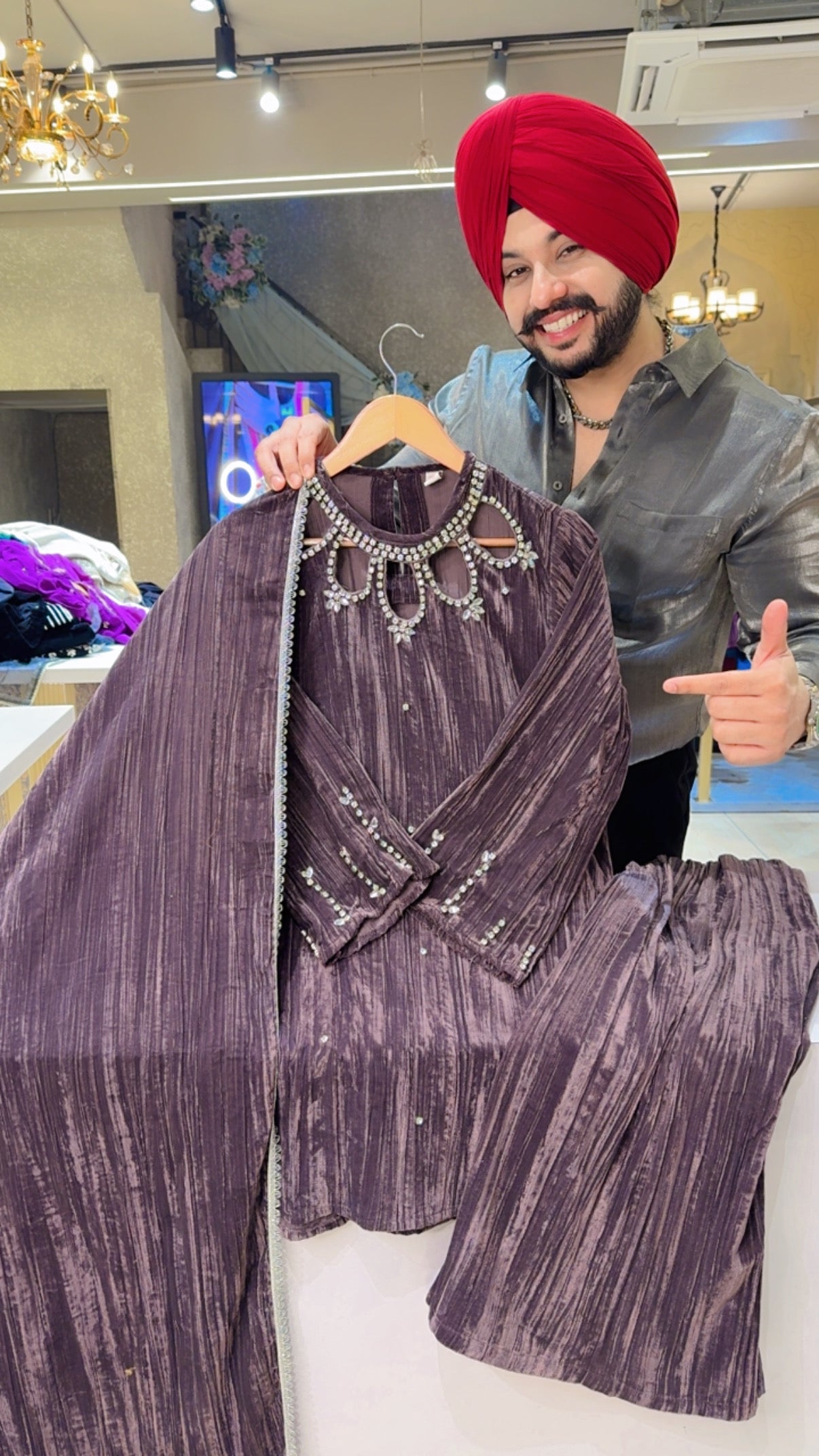 English Mauve Crush Velvet Designer Neck Heavy Stone Work Indo western Suits