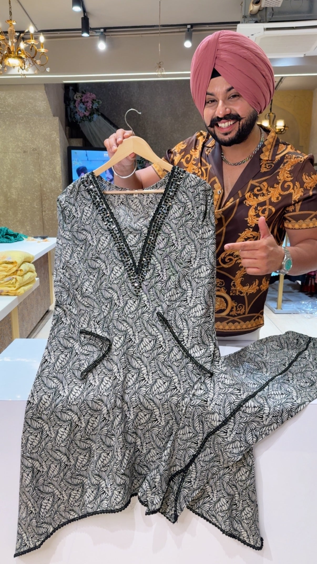 White & Black Rayon Mirror Work C-Cut Coord set with Styish Tulip pants