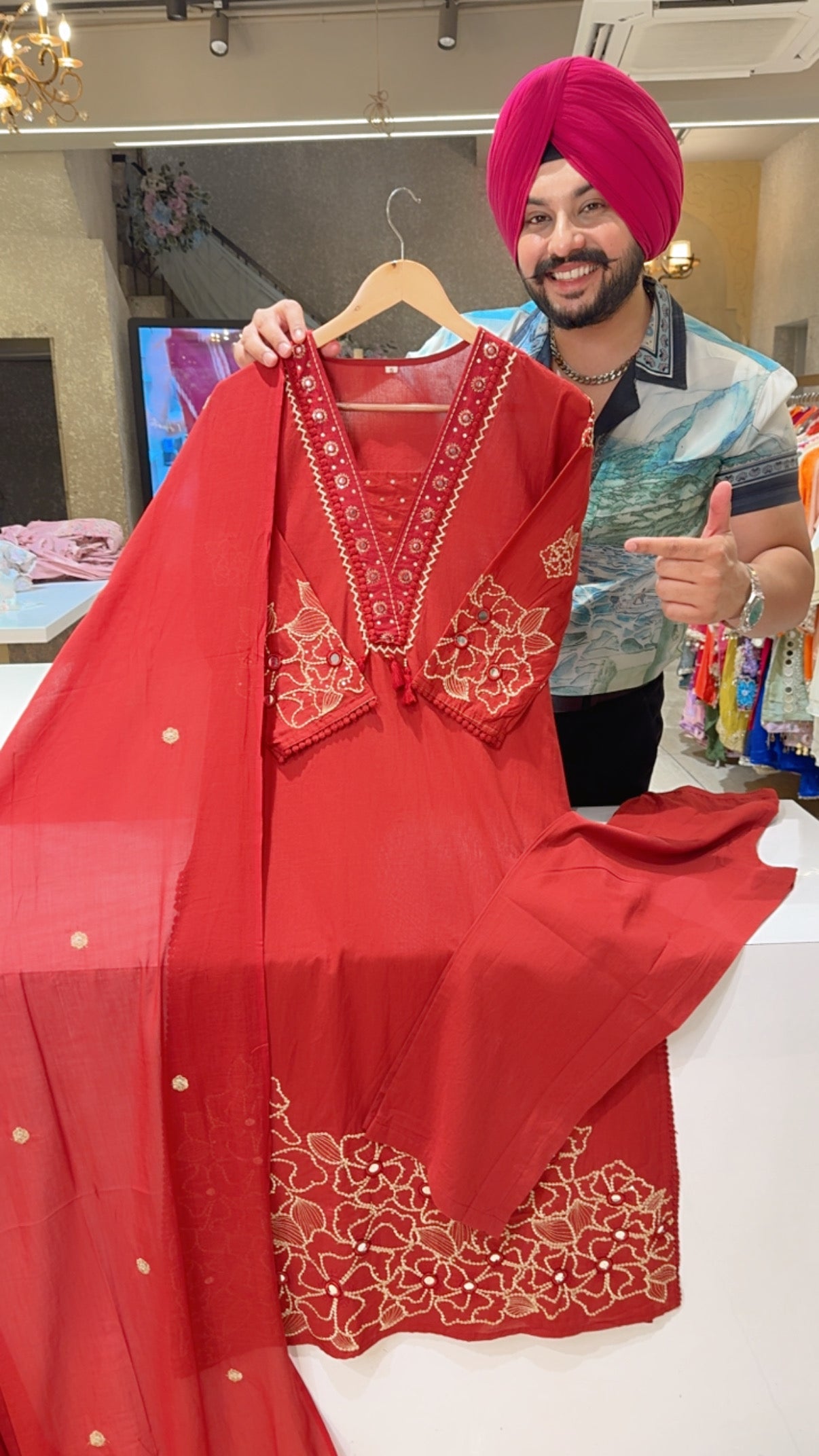 Brick Colour Soft Cotton Semiformal Straight Suit with Heavy Embroidery work on sleeves & Border