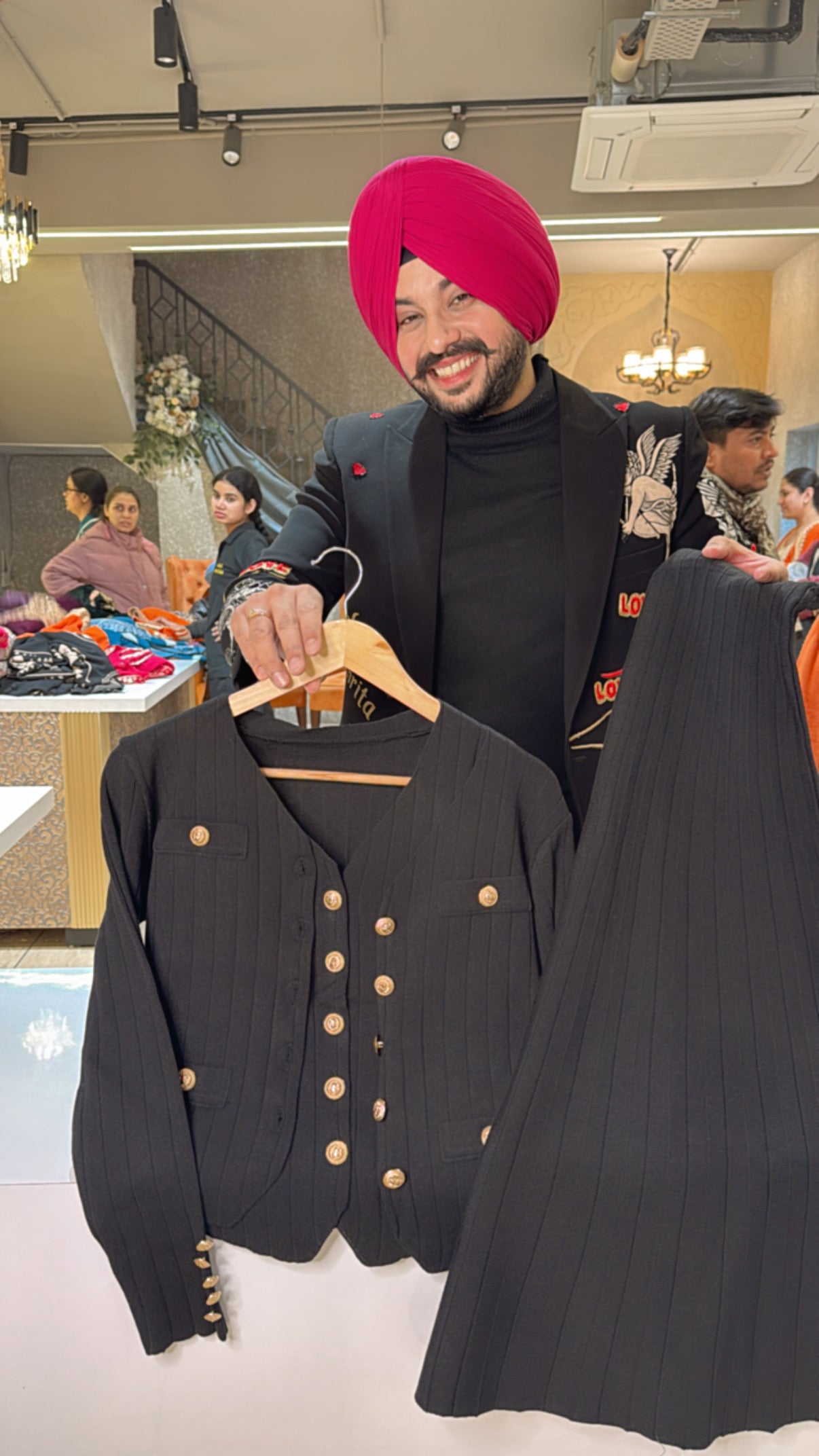 black Imported Woolen fully Strechable 3 piece Skirt Coord set with Wollen Jacket