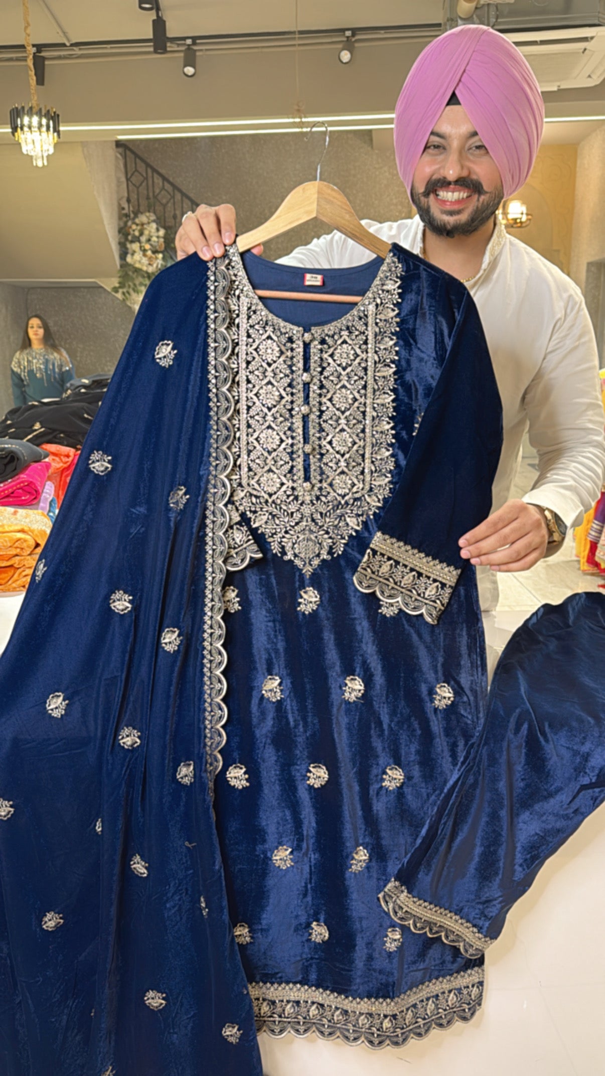 Blue Premium Velvet Heavy embroidered Straight Suits