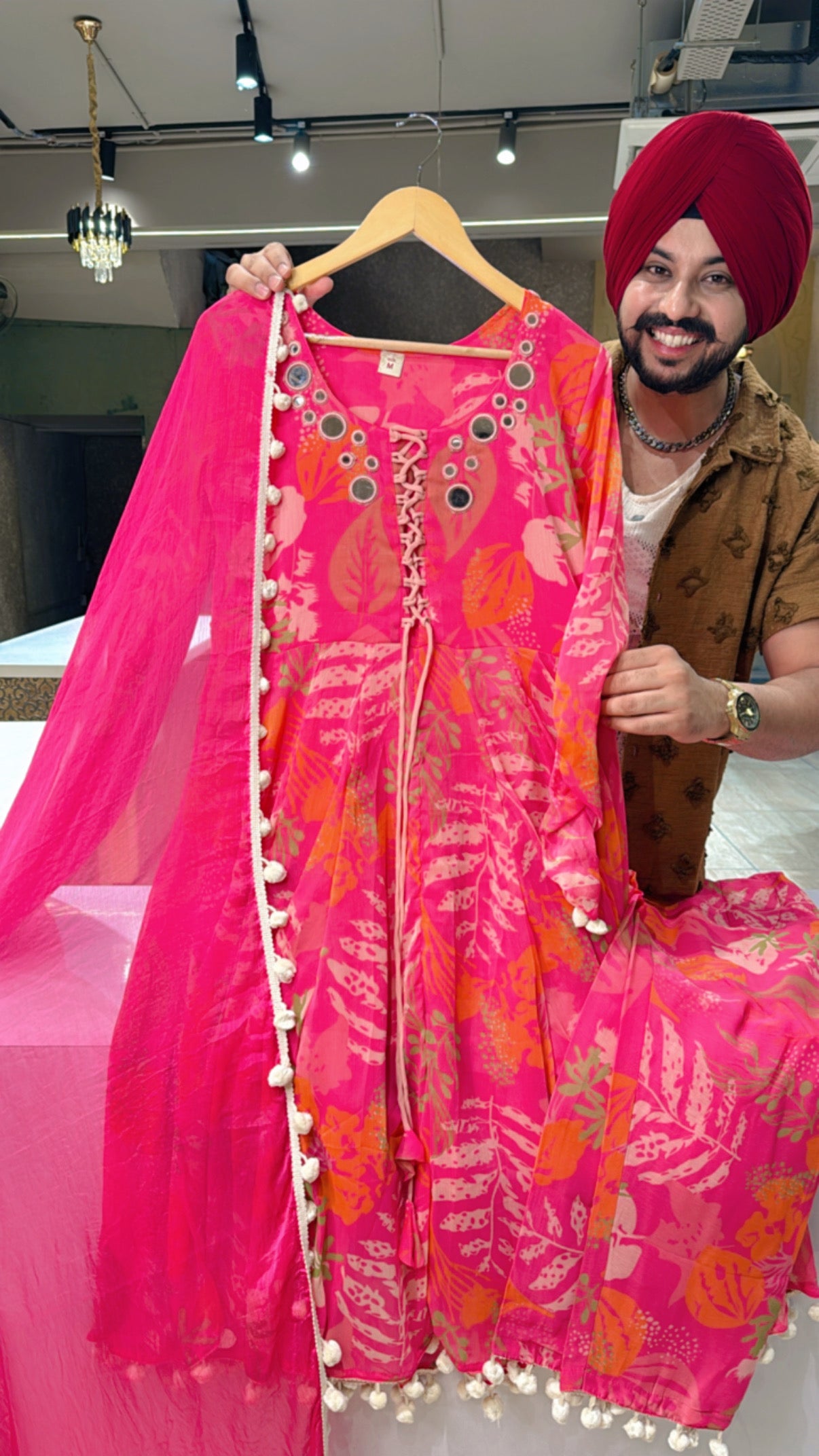 Hot Pink Georgette Designer Mirror Neck Pom-Pom Anarkali suit with Chiffon Duppata