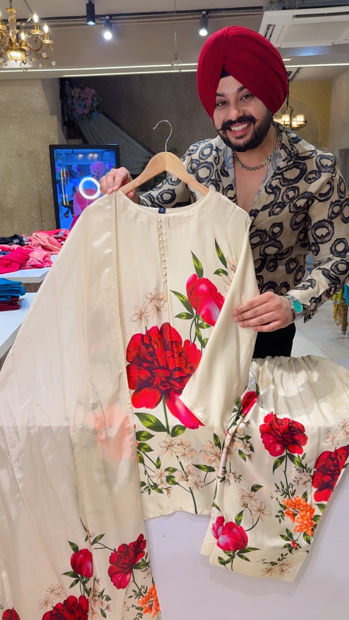 Cream Premium Silk Rose Print Party Wear Farshi Salwar Suit