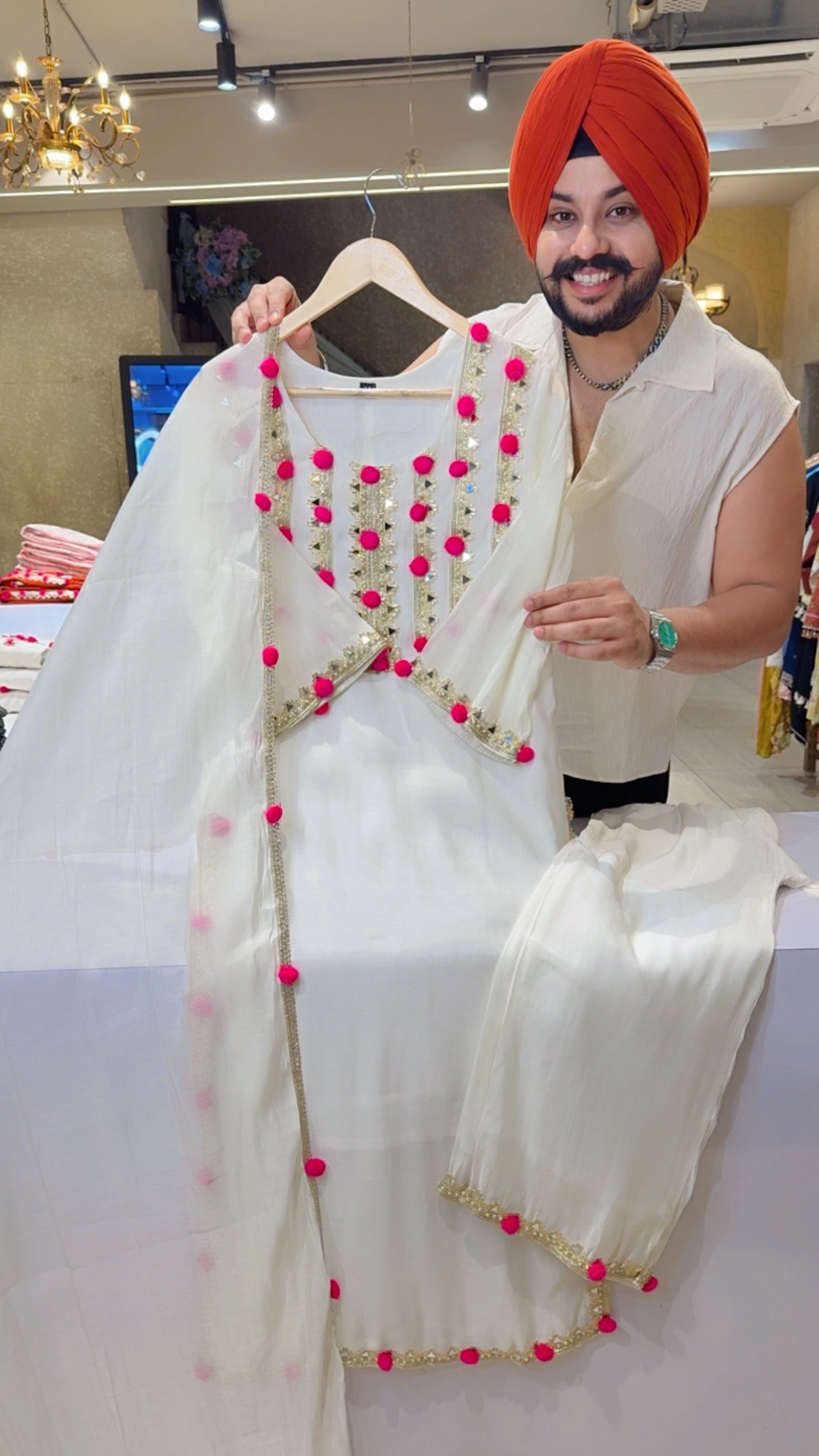 Moon white Mal Chanderi Party Wear Pom-Pom Suit