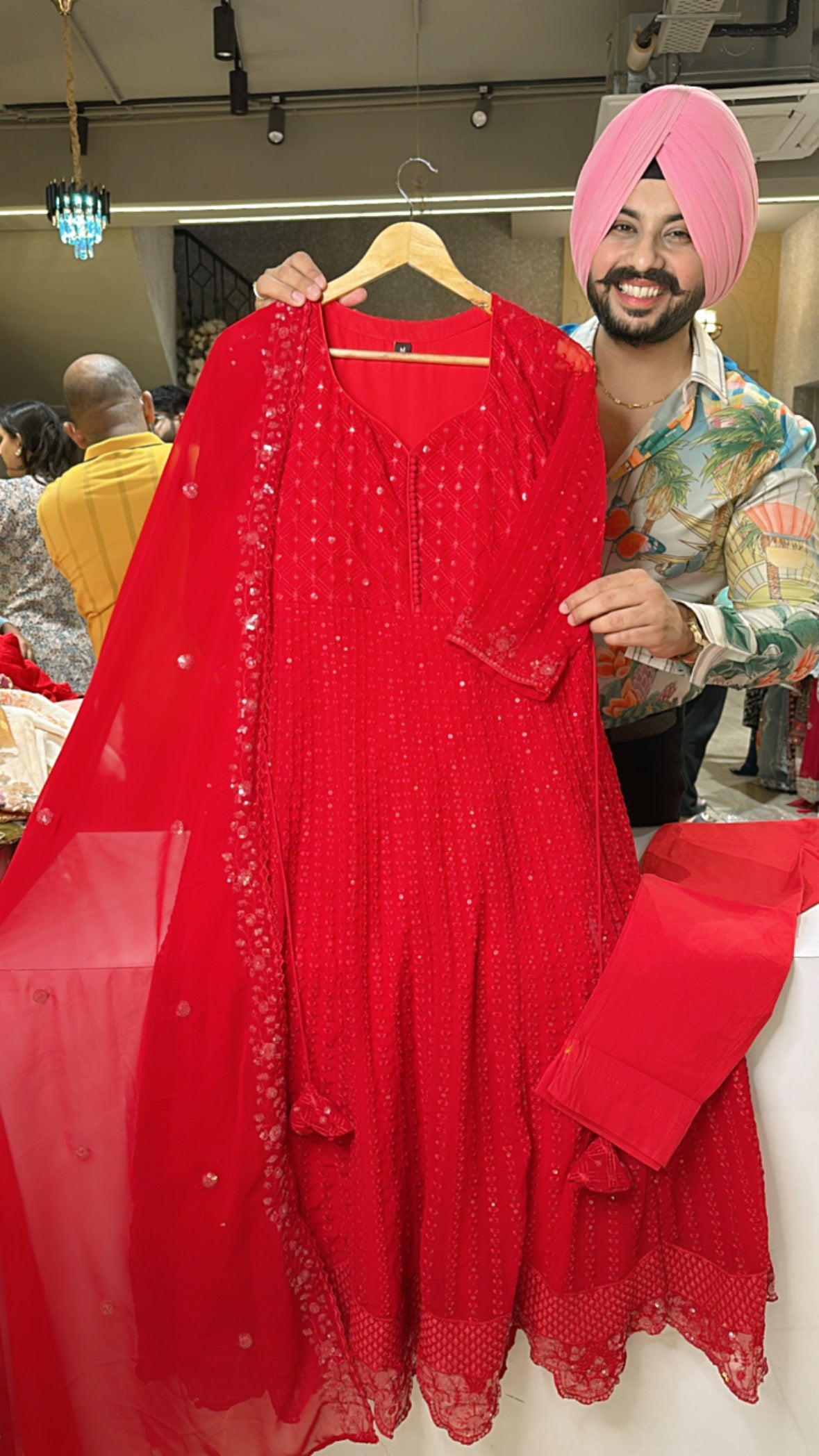 Vibrant Red Georgette Fully Self embroidered Anarkali Suit with Stylish border & embroidered Duppata