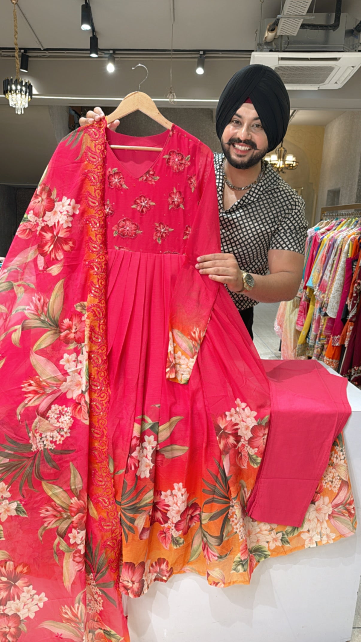 Hot Pink Chiffon Full Flair Anarkali Suit with Hand embroidery work on neck & embroidered organza Duppata