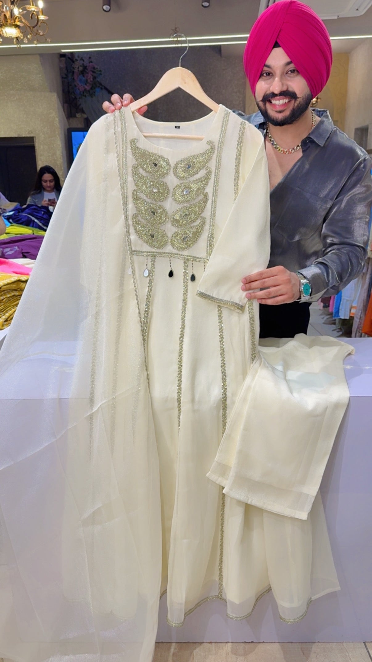 Off White Shimmer Organza heavy Hand embroidered party Wear Royal Anarkali Suit