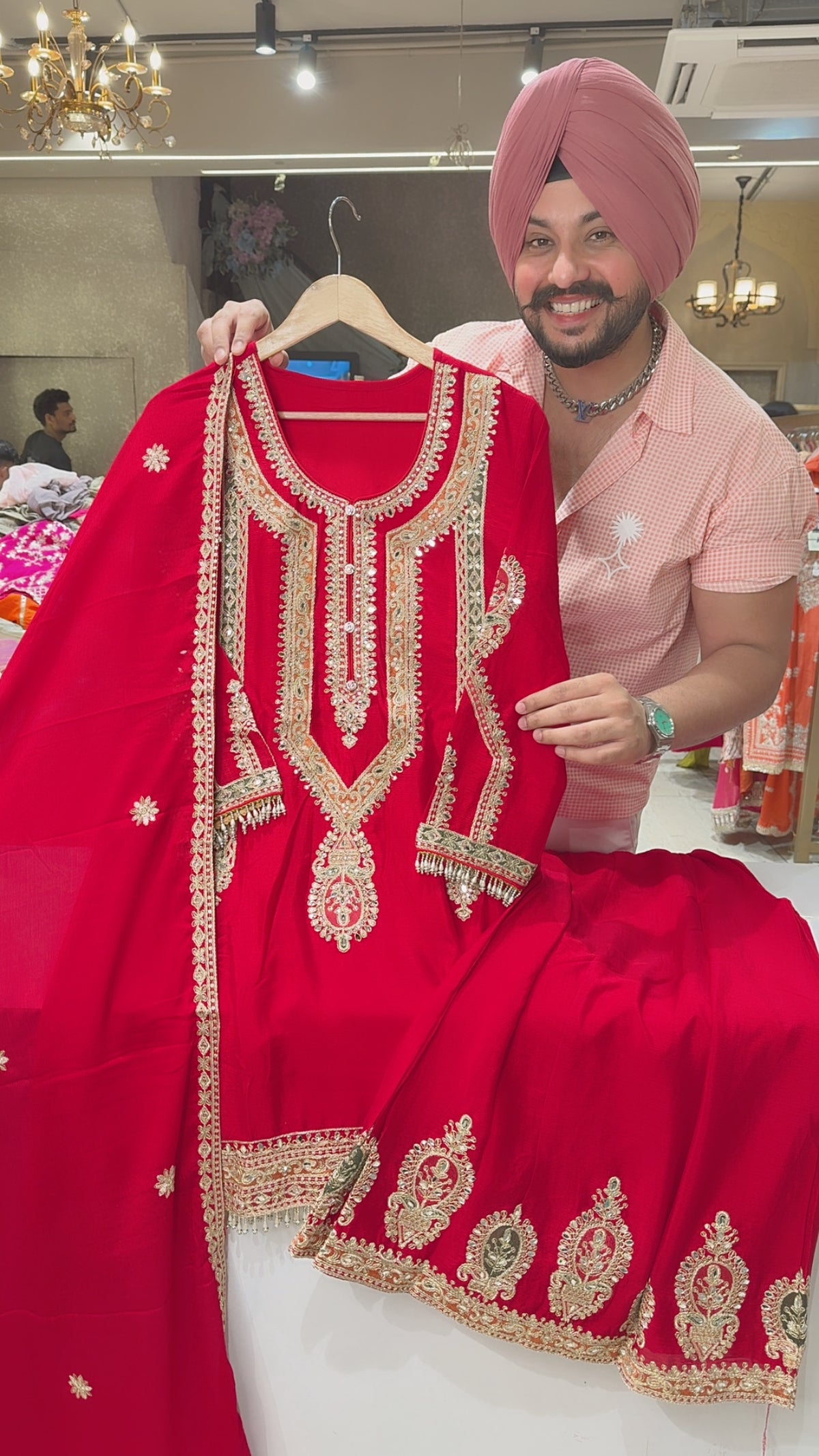 Red Chinon Fully embroidered C-cut Sharara suit