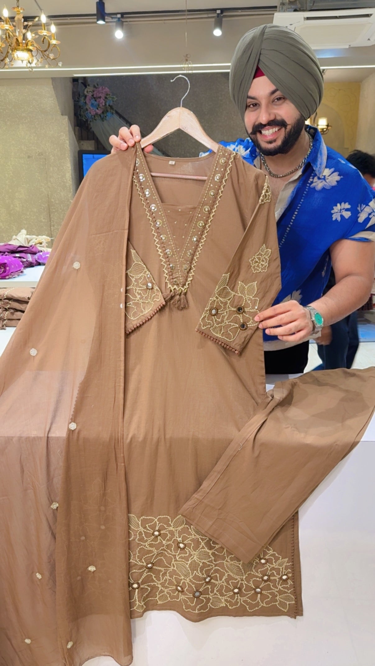 English Brown Soft Cotton Semiformal Straight Suit with Heavy Embroidery work on sleeves & Border