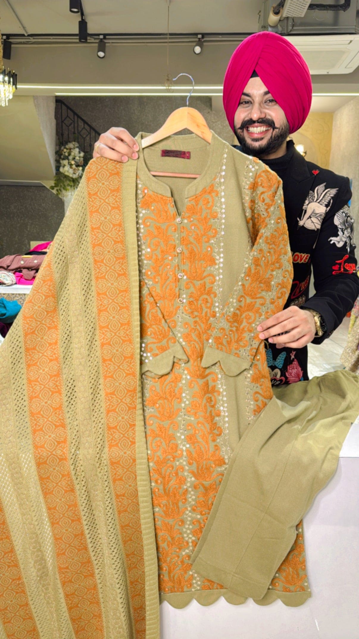 Goldenish beige Woolen Heavy embroidered Straight Suit with Beautiful Woolen Duppata