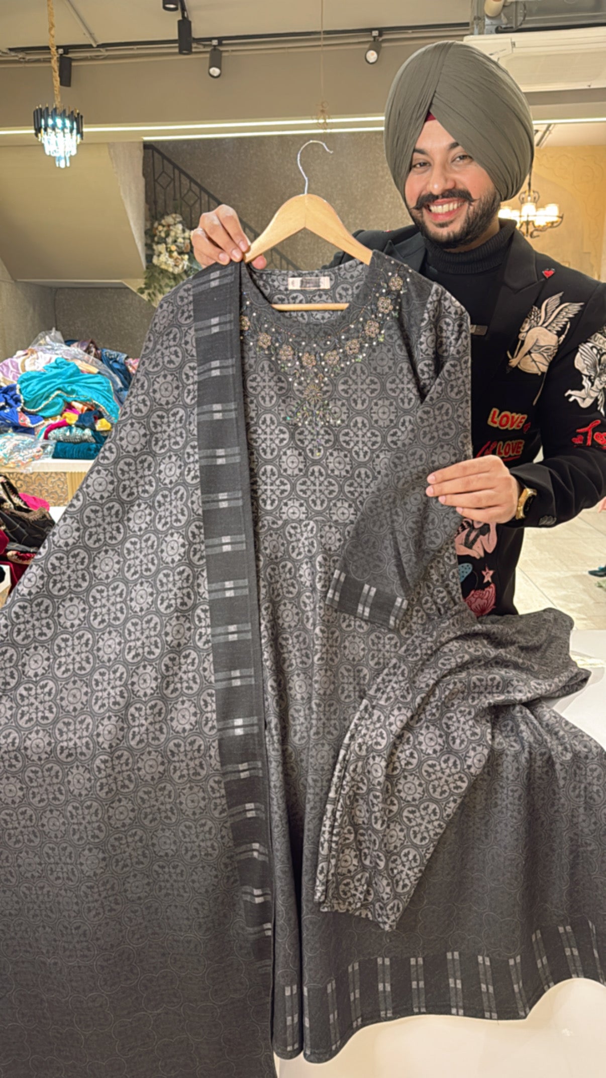 Matt grey Karachi wool Fully Strechable Anarkali suit with Beautiful Hand embroidery work on neck
