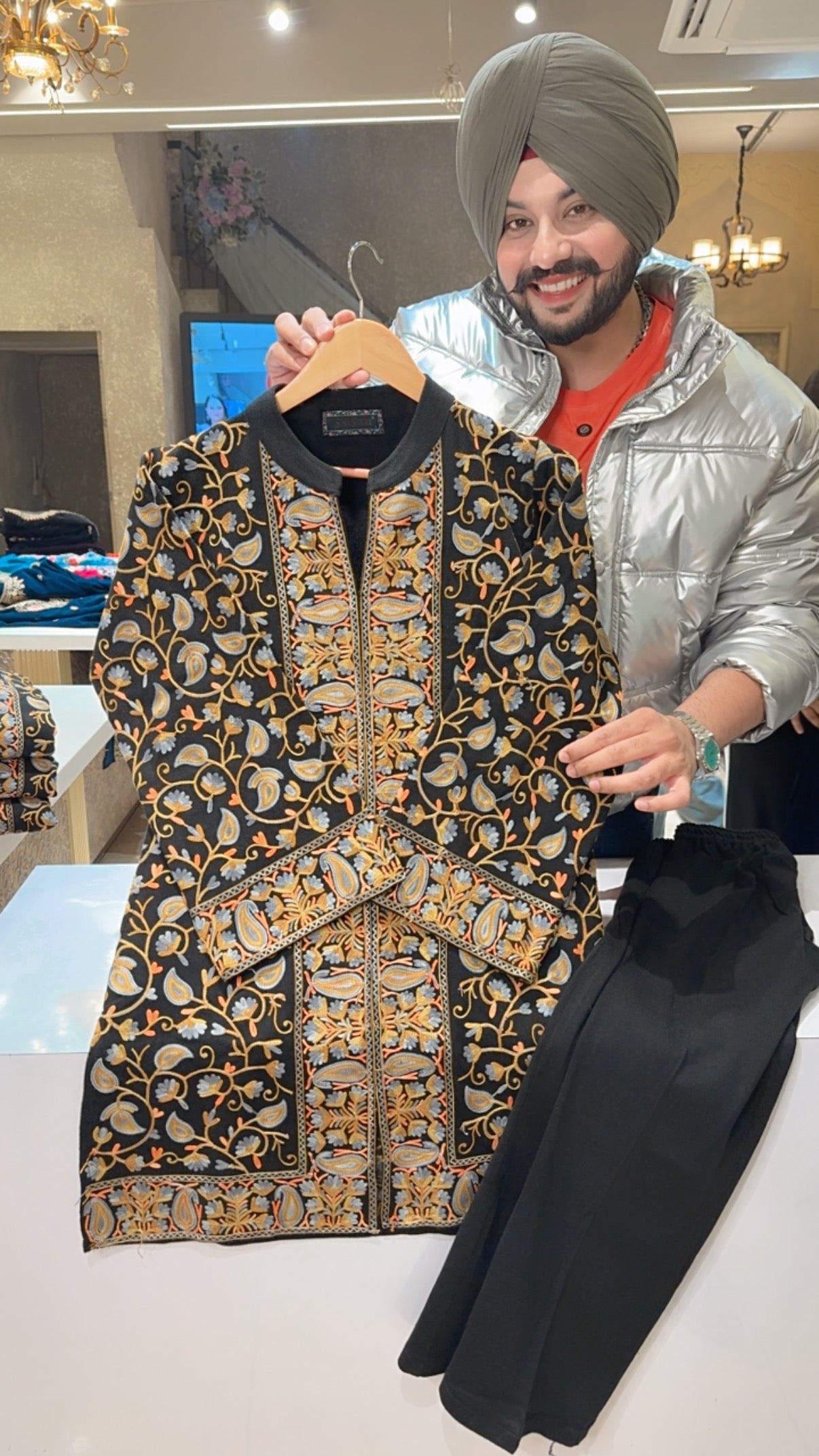 Black Woolen Heavy Kashmiri Front & Back Embroidered Long Length Coord set