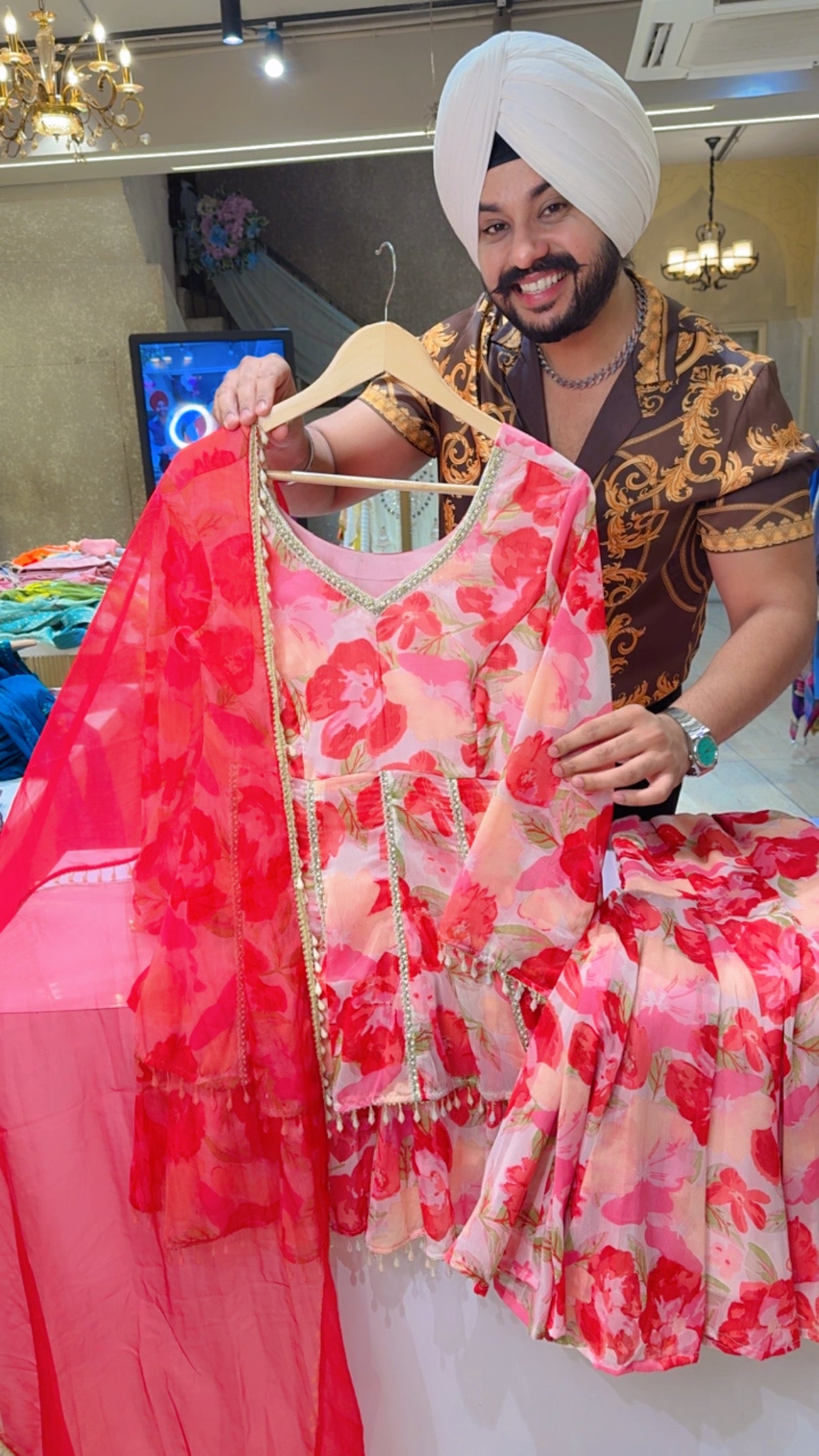 Pink & Red Chiffon Pearl work Double Layer Paplum Sharara Suit