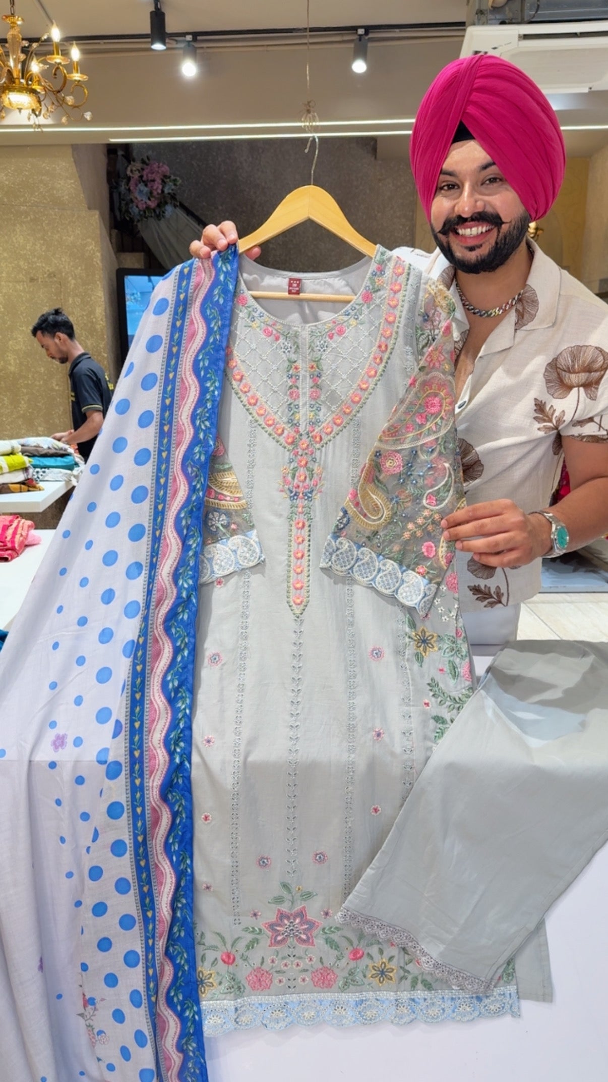 English grey Mal Cotton Fully Embroidered Kashmiri Suit with Sytlish Organza Sleeves