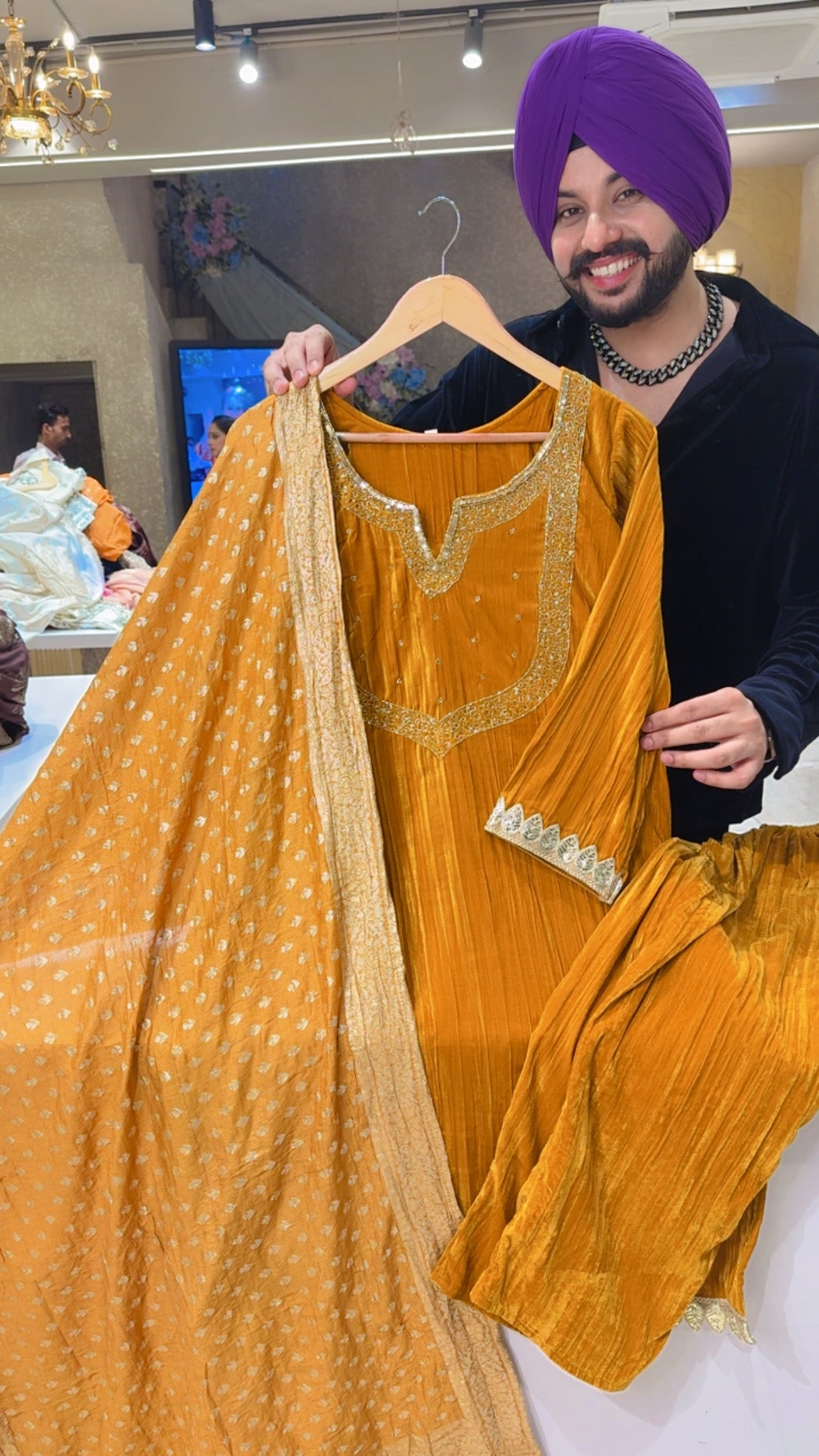 Goldenish Yellow Crush Velvet Hand Embroidered suits with Banarasi look Duppata