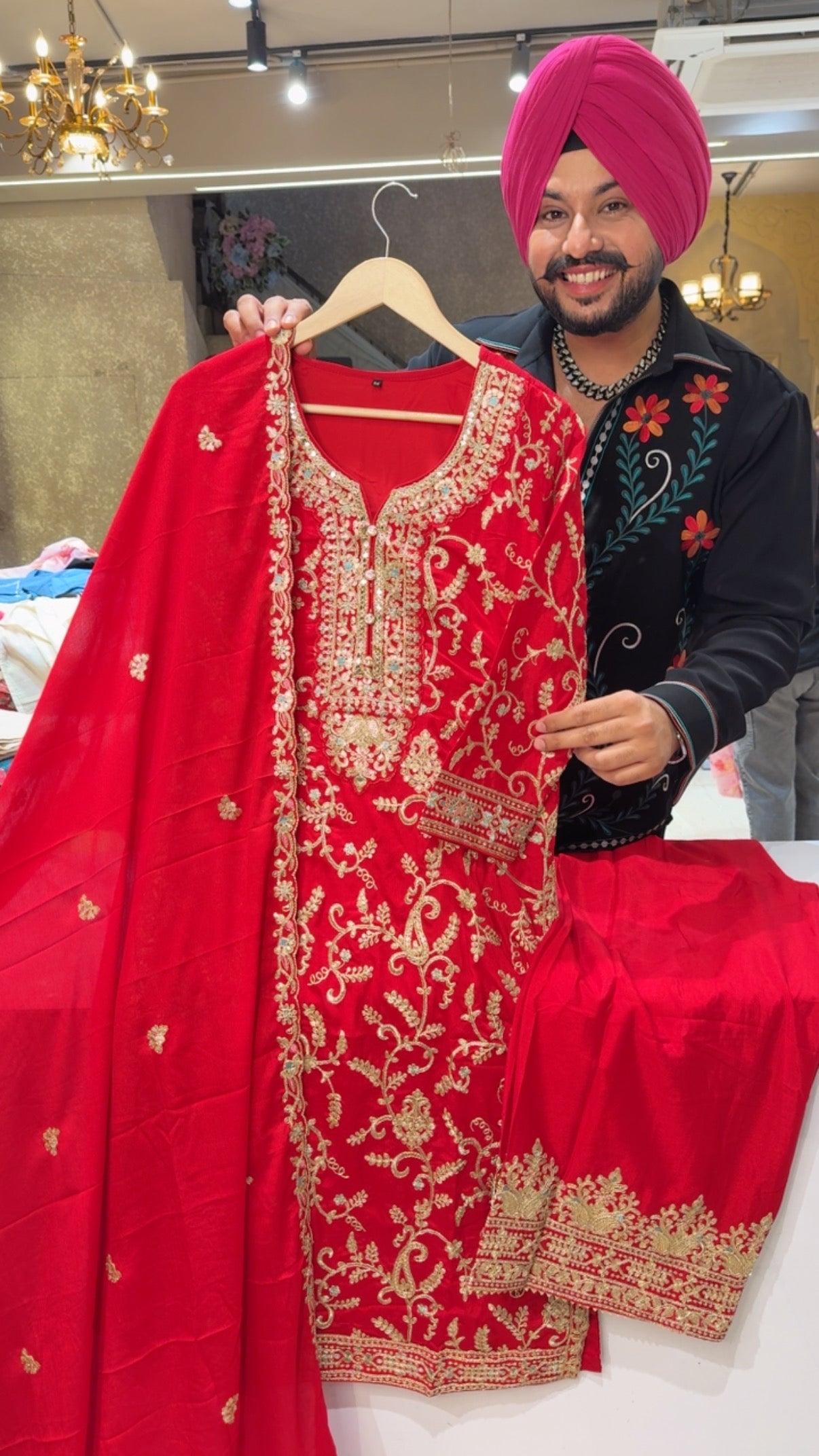 Red Fully Embroidered party wear Straight suit Plazo Suit with Beautiful embroidery Work Duppata