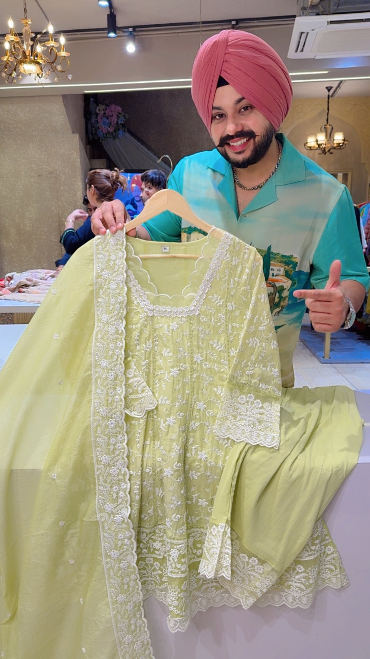 Pastel Green Super Soft Mal Chanderi Fully embroidered Indo Western Paplum Suit with Full Length Duppata