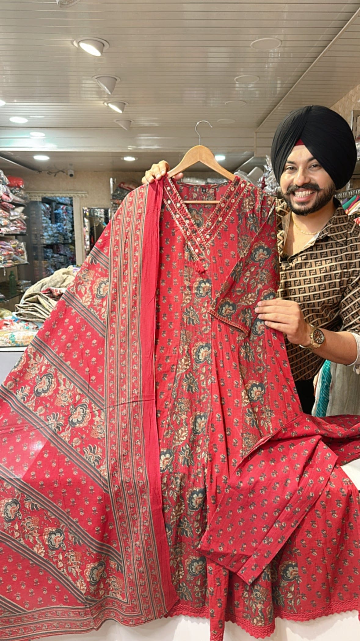 Deep red V neck Anarkali suit with Beautiful Duppata