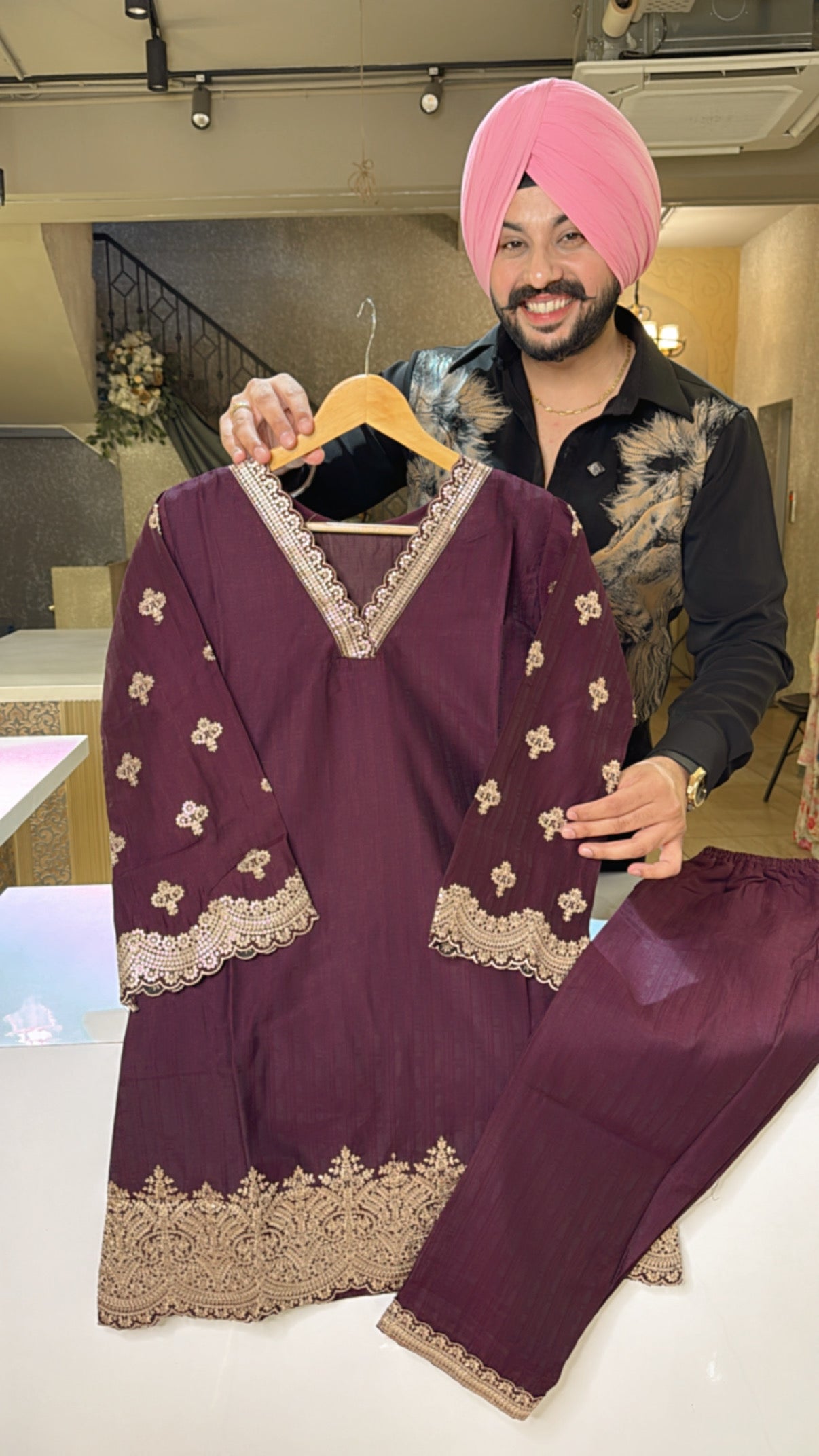 Dark Wine Matt Silk V-neck Heavy Sequins Work Coord set