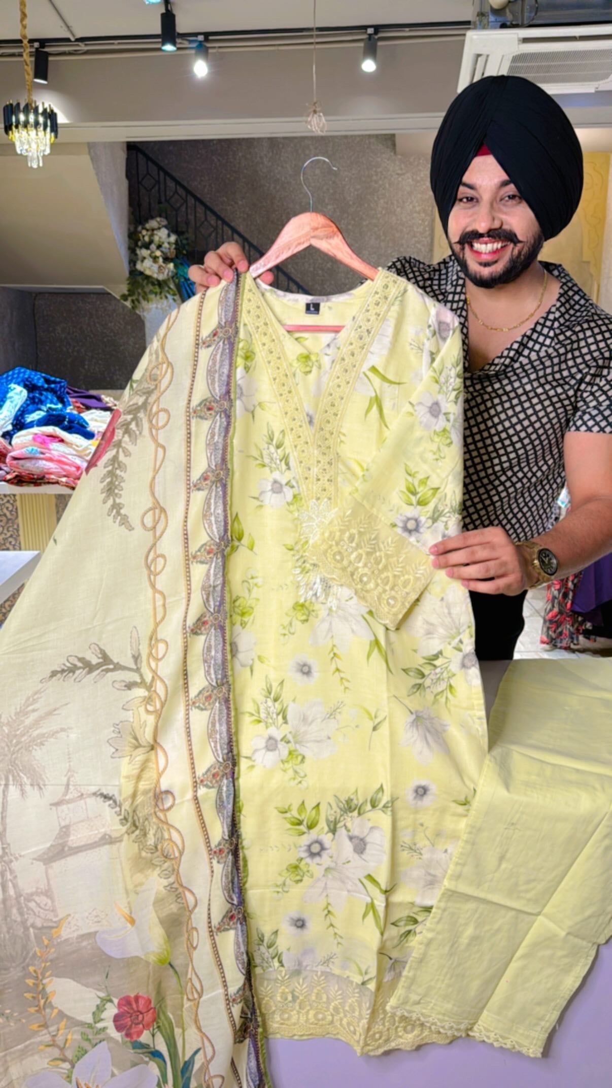 Lemon Floral Print Embroidered Pakistani Suit with Beautiful Duppata