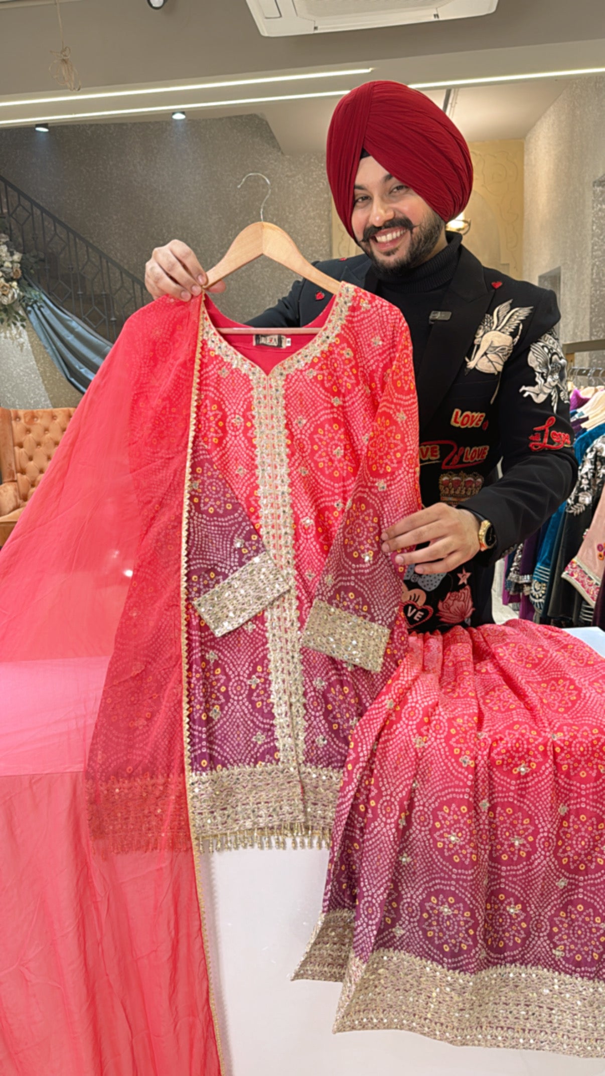 Pink & purple Chinon Bandhej print Short Plazo Suit