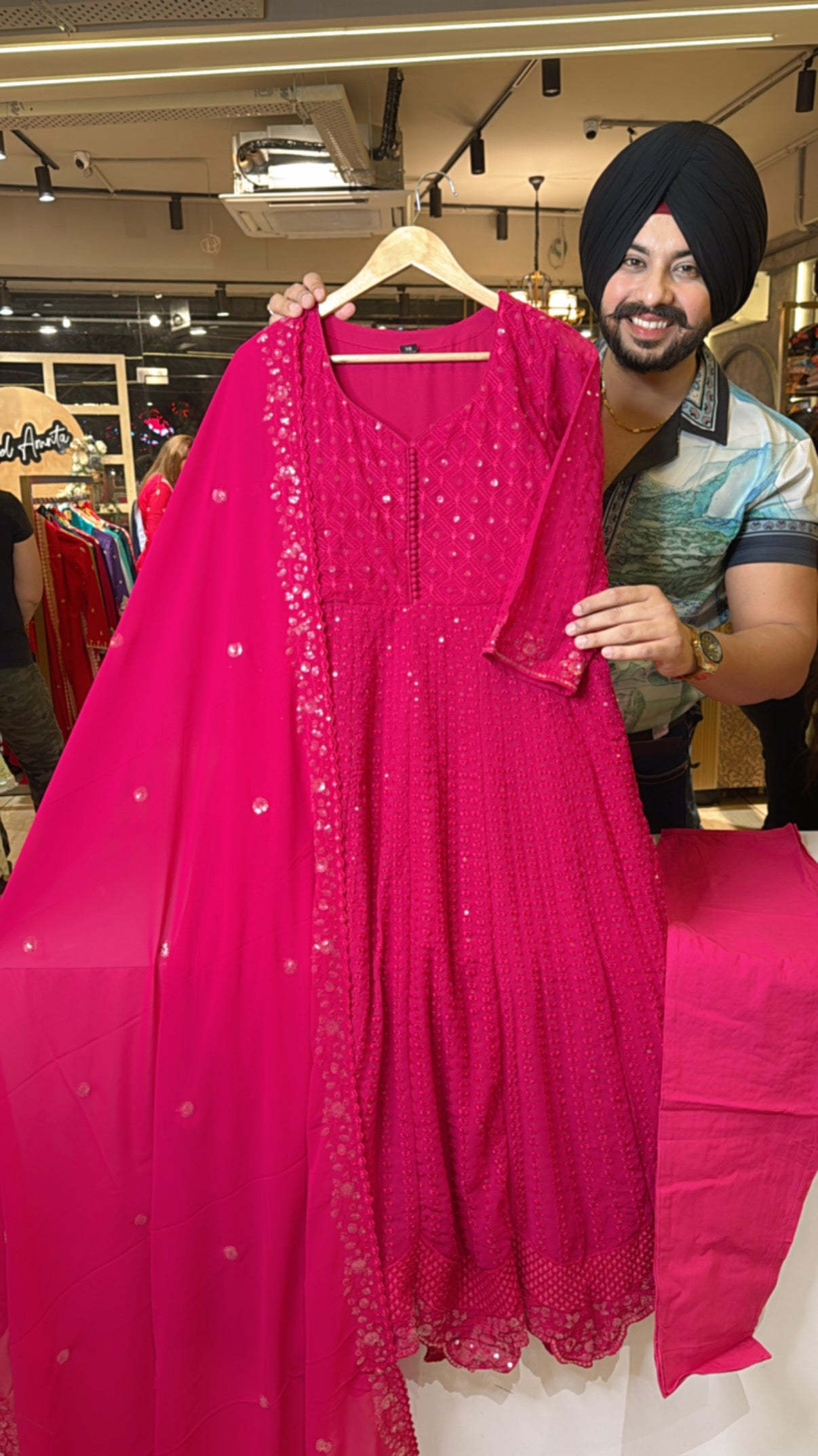 Hot Pink Georgette Fully Self embroidered Anarkali Suit with Stylish border & embroidered Duppata