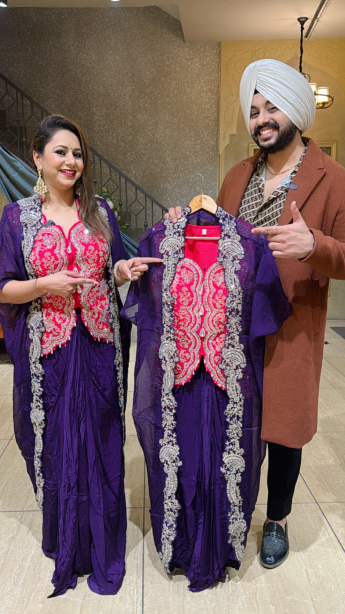 Hot Pink & Purple Heavy Embroidered Crop Drape Skirt Set with Stylish Shrug