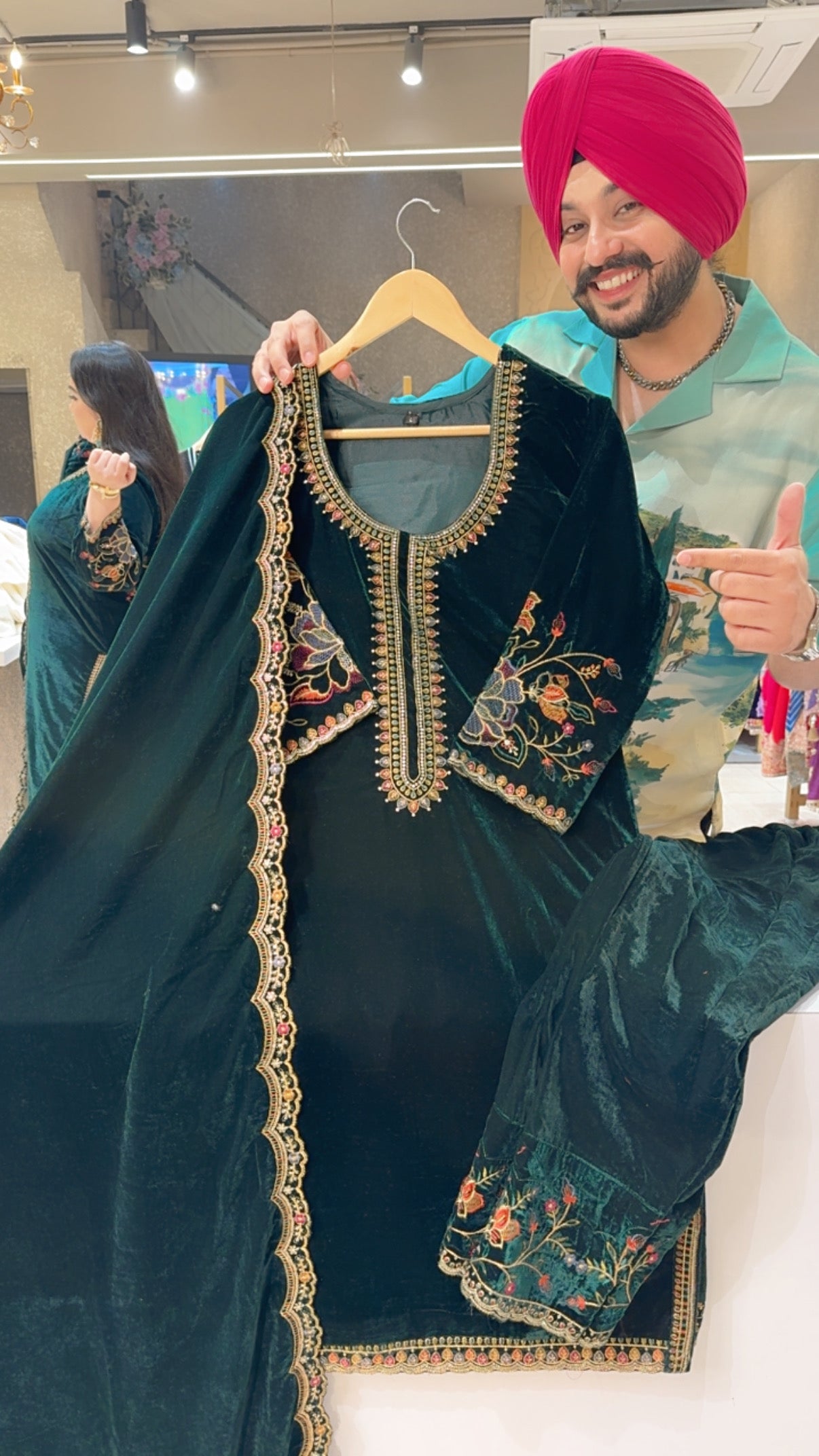 Green Velvet Party Wear Straight Suit with Heavy Embroidery Work on Back