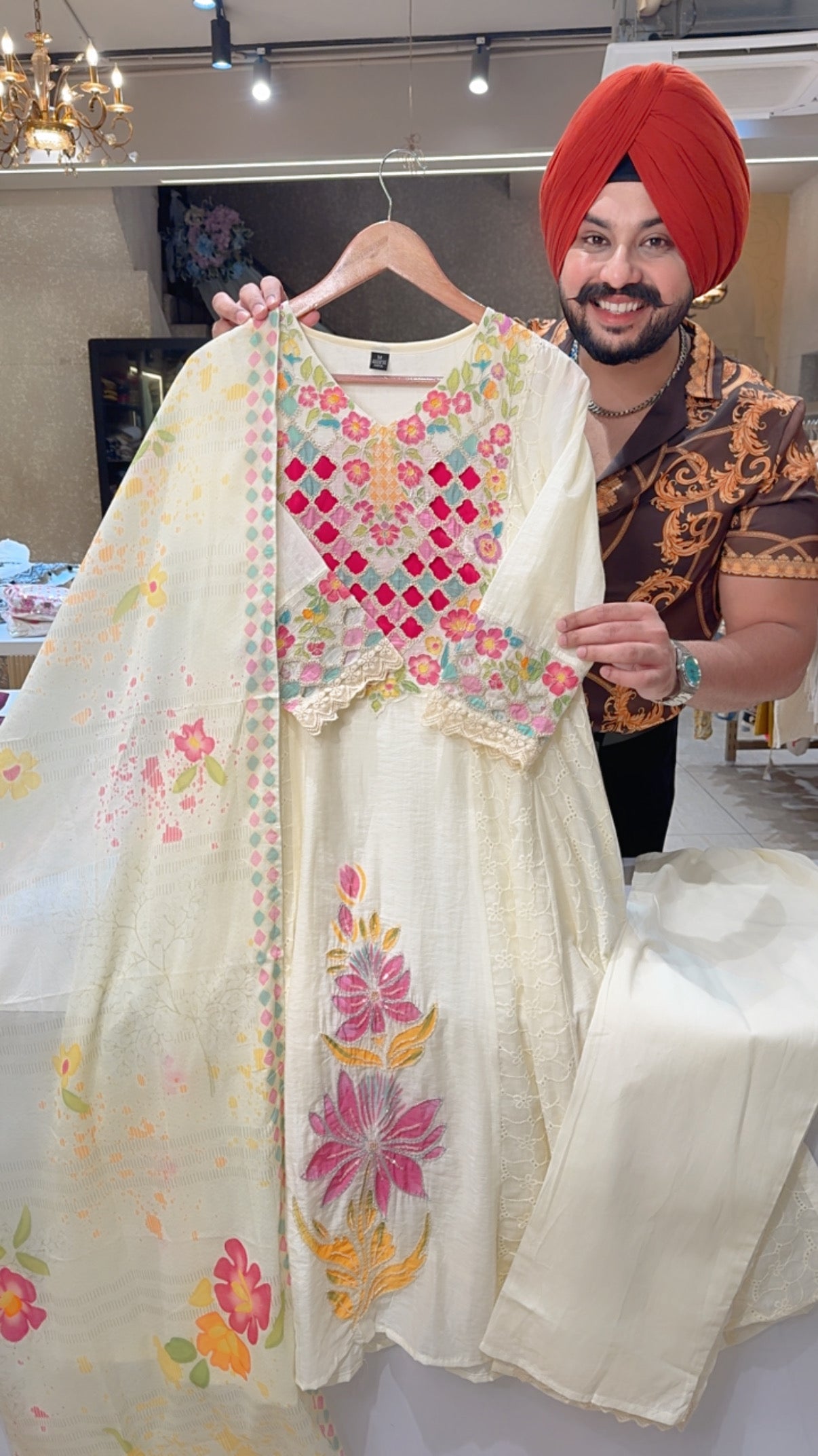 Cream & MultiColored soft Mal Chanderi Beautiful Embroidered & CutWork Summerish Partywear Anarkali suit