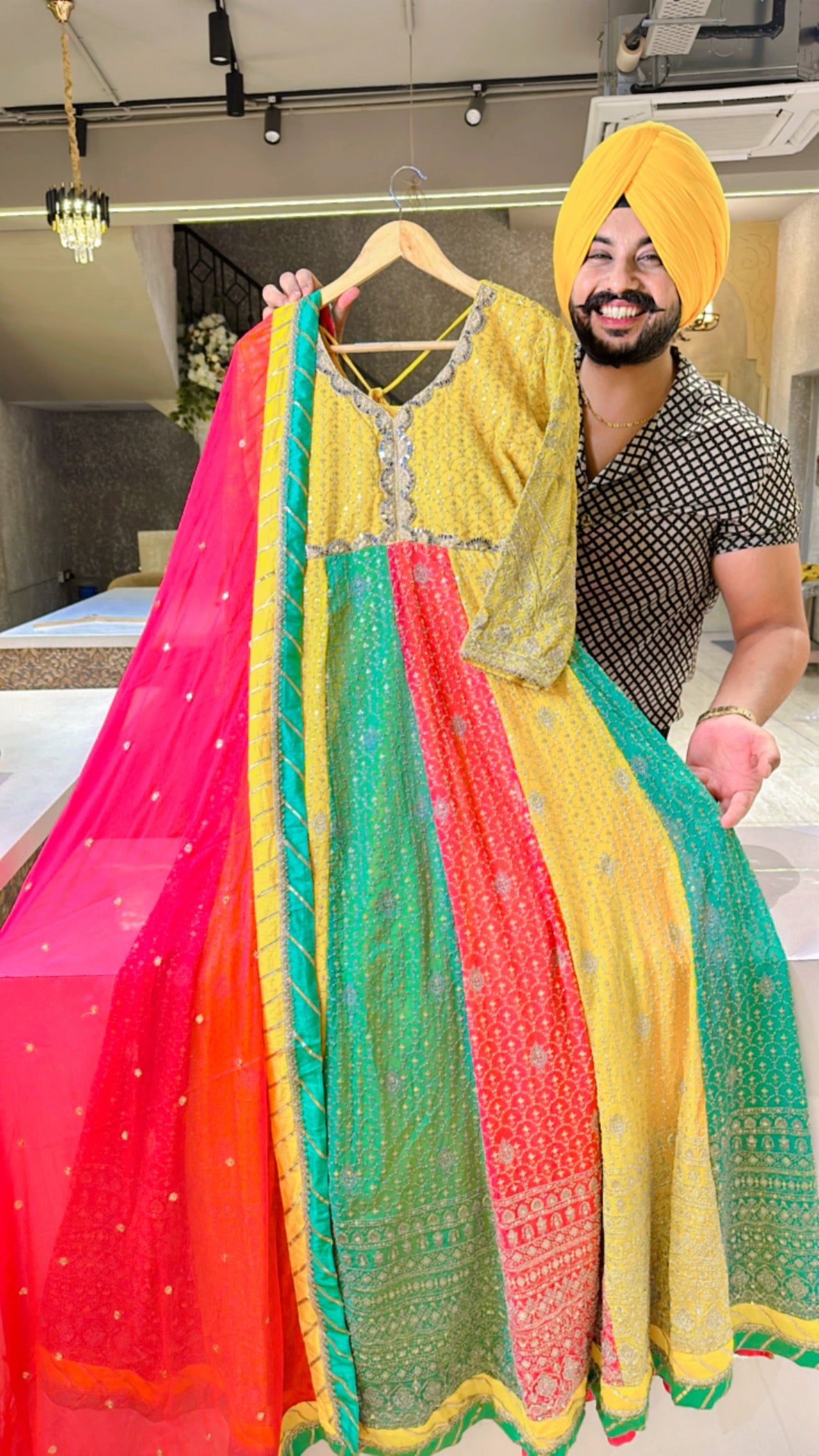 Yellow & multicolored Georgette Fully heavy embroidered Anarkali Gown with new Duppata