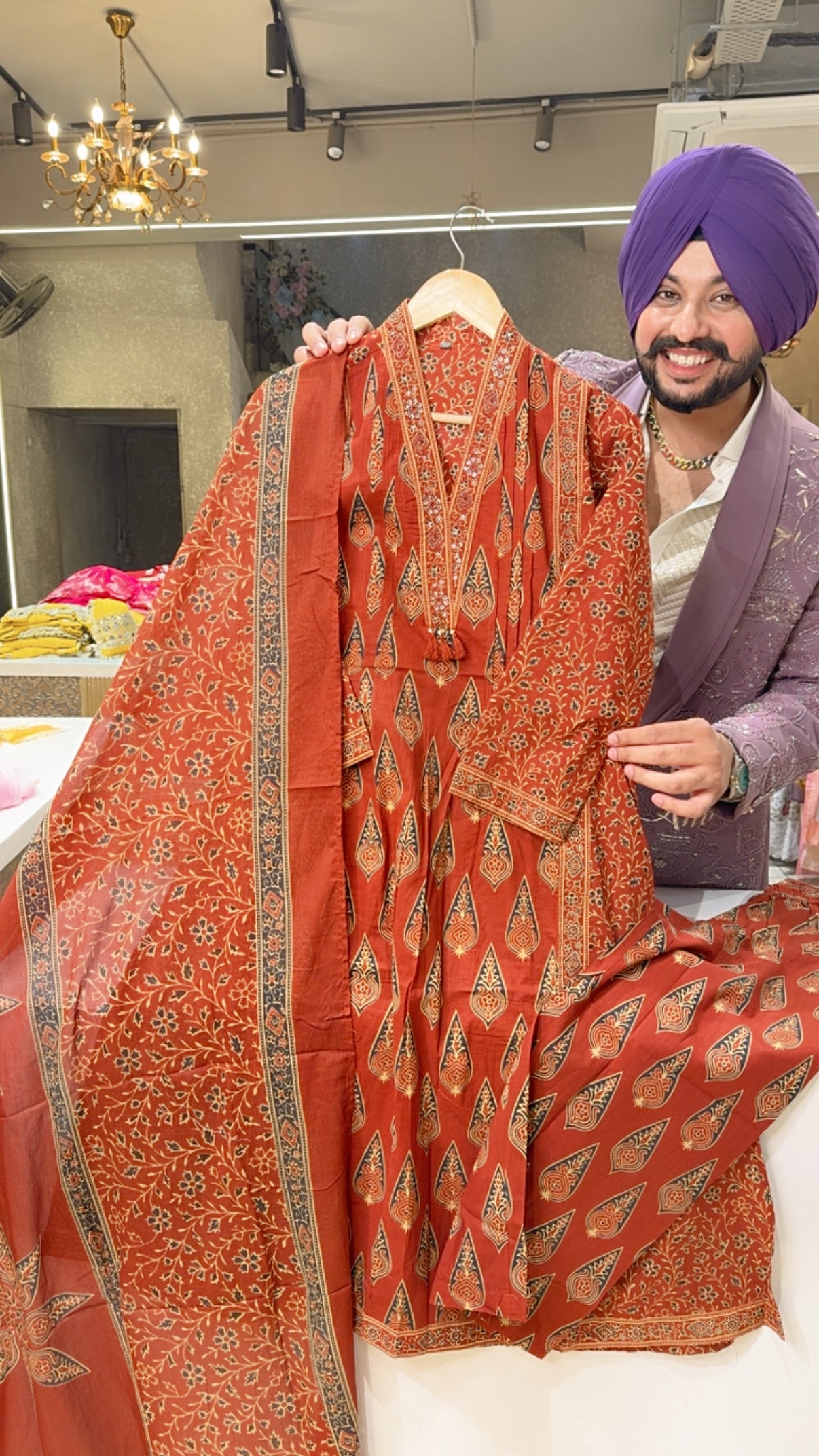 Rust Pure Cotton Office Wear Straight suit With Sleek embroidery Work on neck