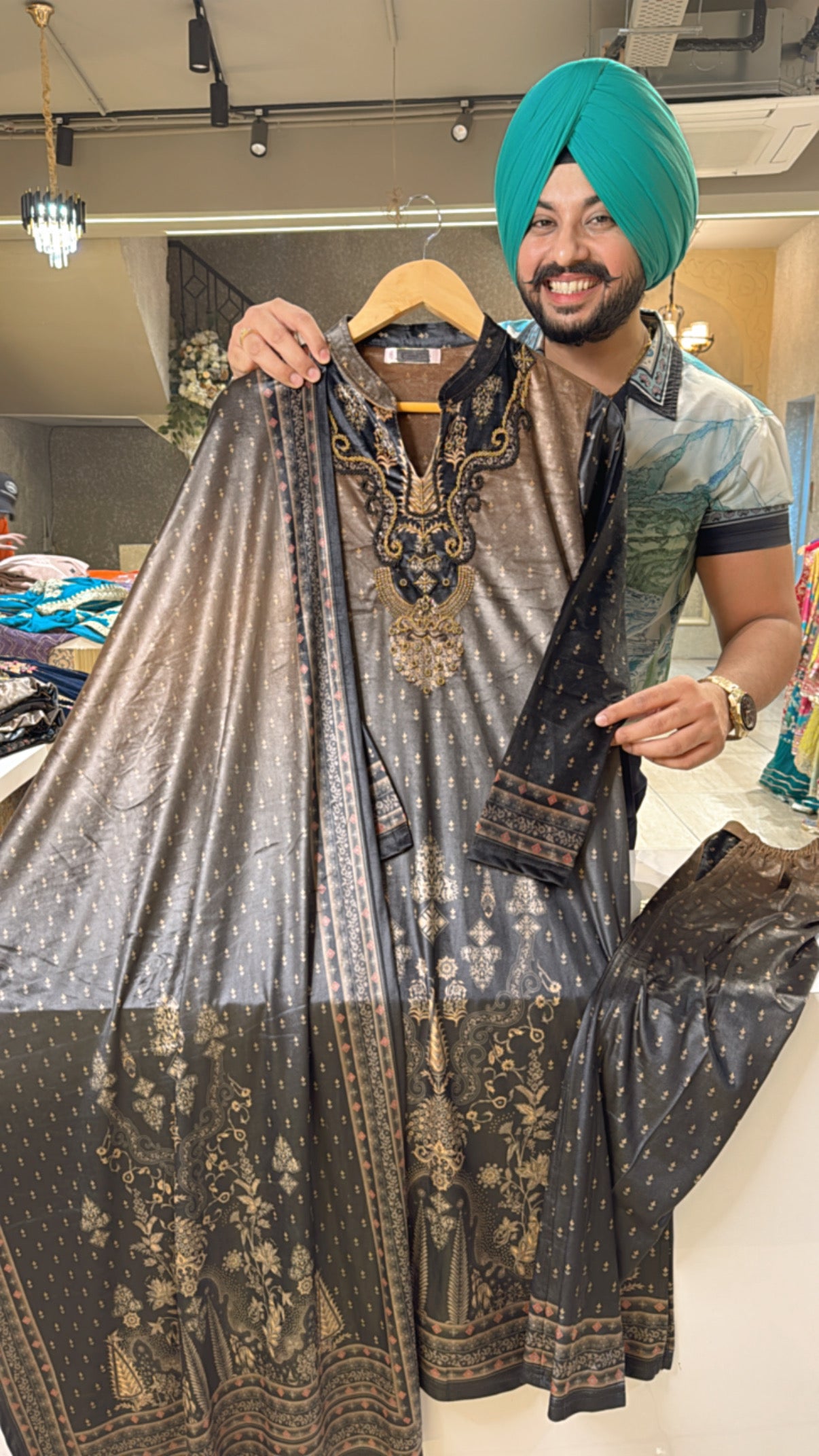 Grey & black Digital Print Black Office Wear Suit with Hand embroidery Work on neck