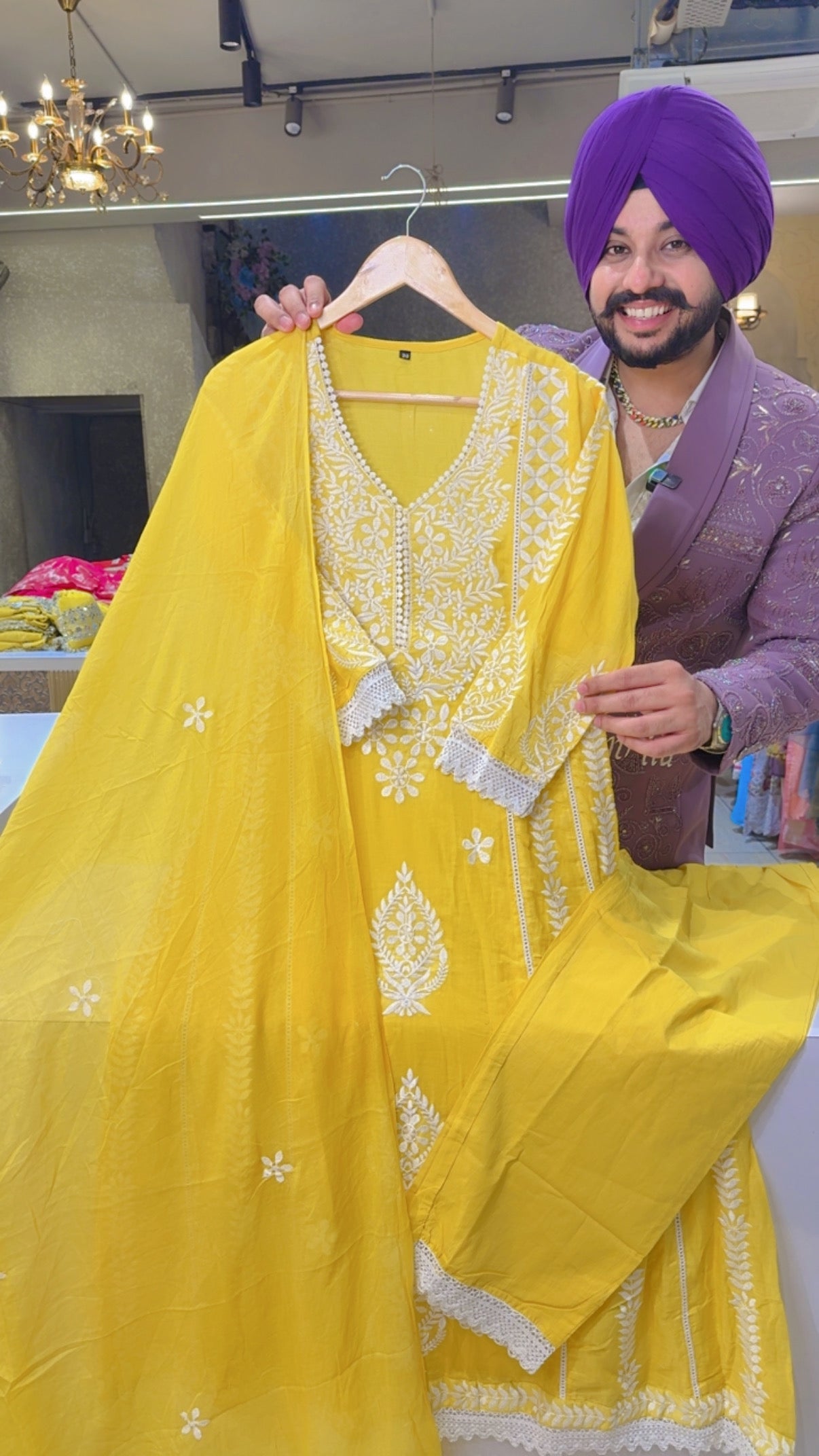 Yellow Mal Cotton Embroidered Semi Formal A-line Suit with Mal cotton Duppata
