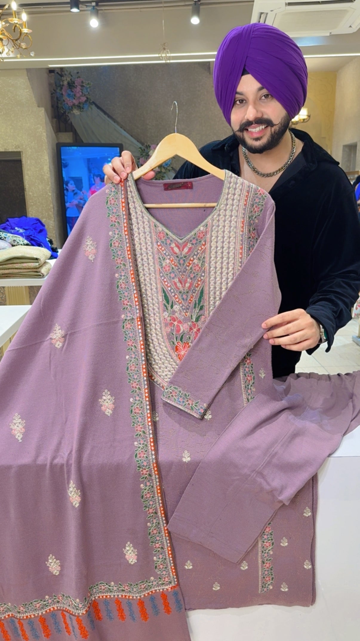 Lilac Woolen Heavy embroidered Party wear Straight Suit with Beautiful Embroidered Duppata