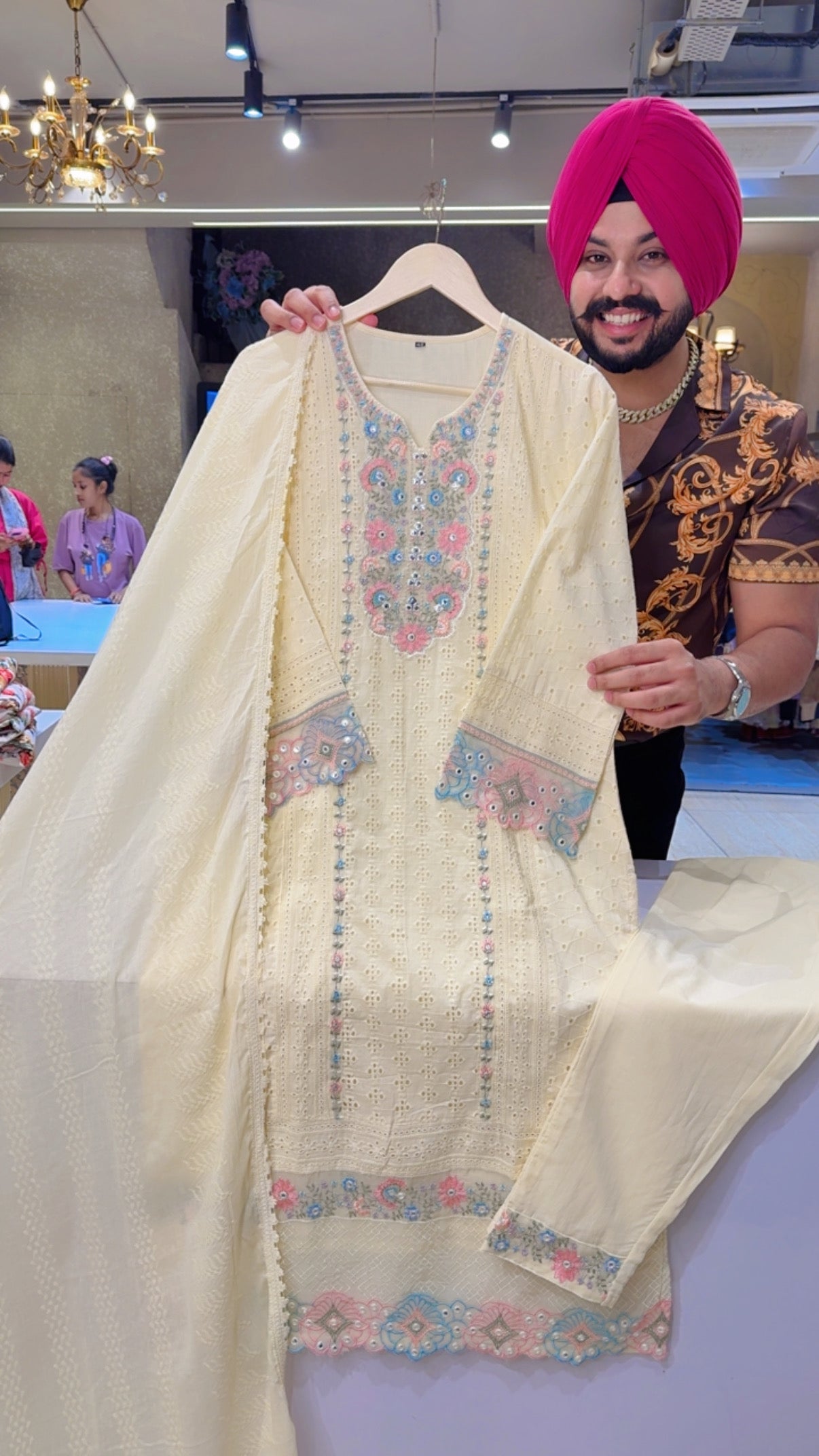 Cream Pure Cotton Shifli Straight Suit with Beautiful Pastel Embroidery work on It