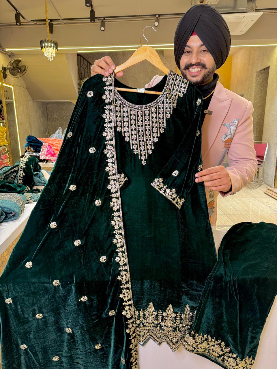 Green heavy hand embroidered Pakistani Plazo suit with Beautiful Duppata