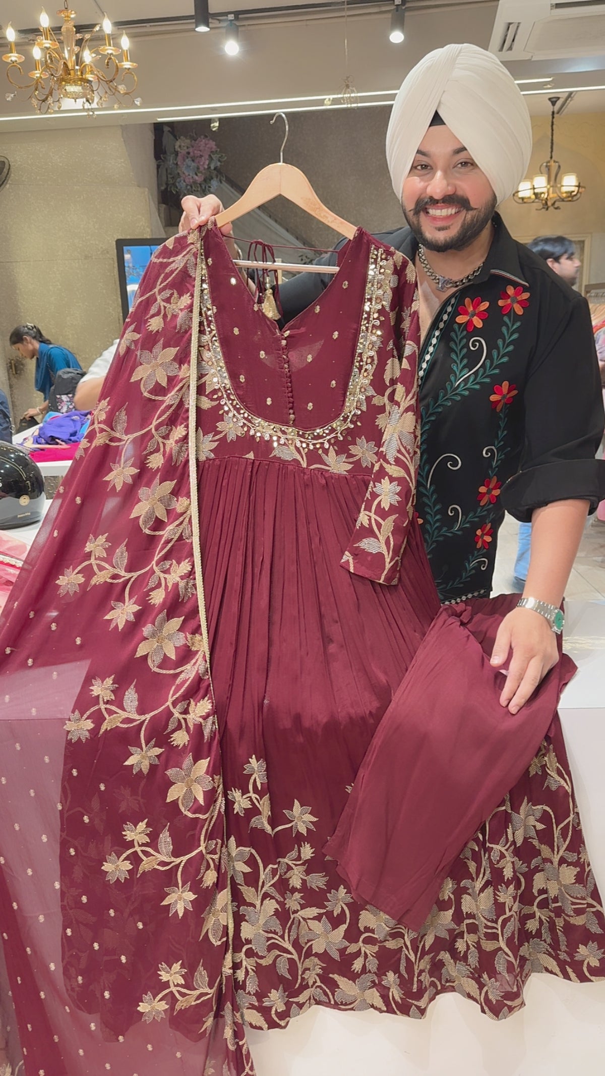 Deep Maroon Chinon Block Printed Party Wear Anarkali Suit with Hand embroidery work on Neck