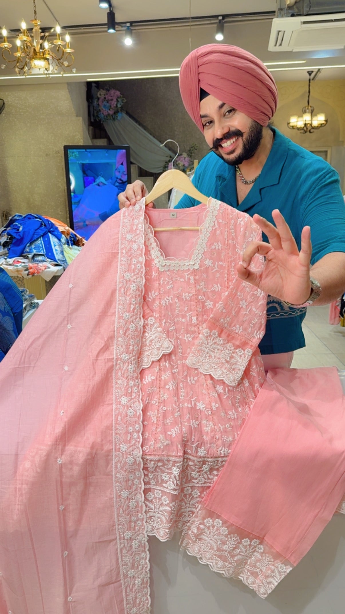 Baby Pink Mal Chanderi Fully embroidered & Sequins work Indo western suit