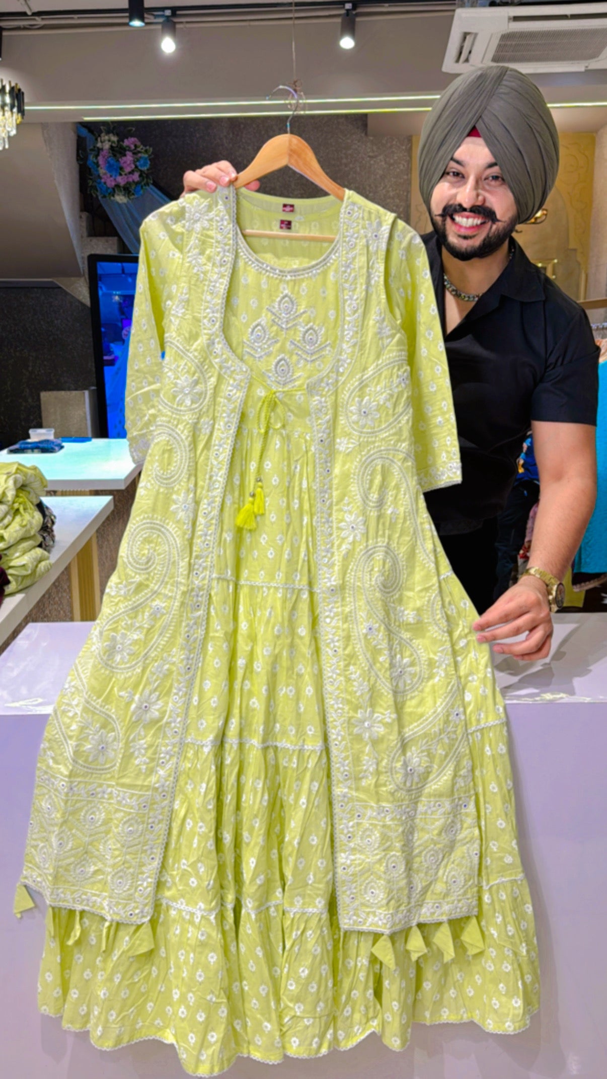 Lime pure Cotton Full Flair Indowestern Dress with Heavy Embroidered long Shrug