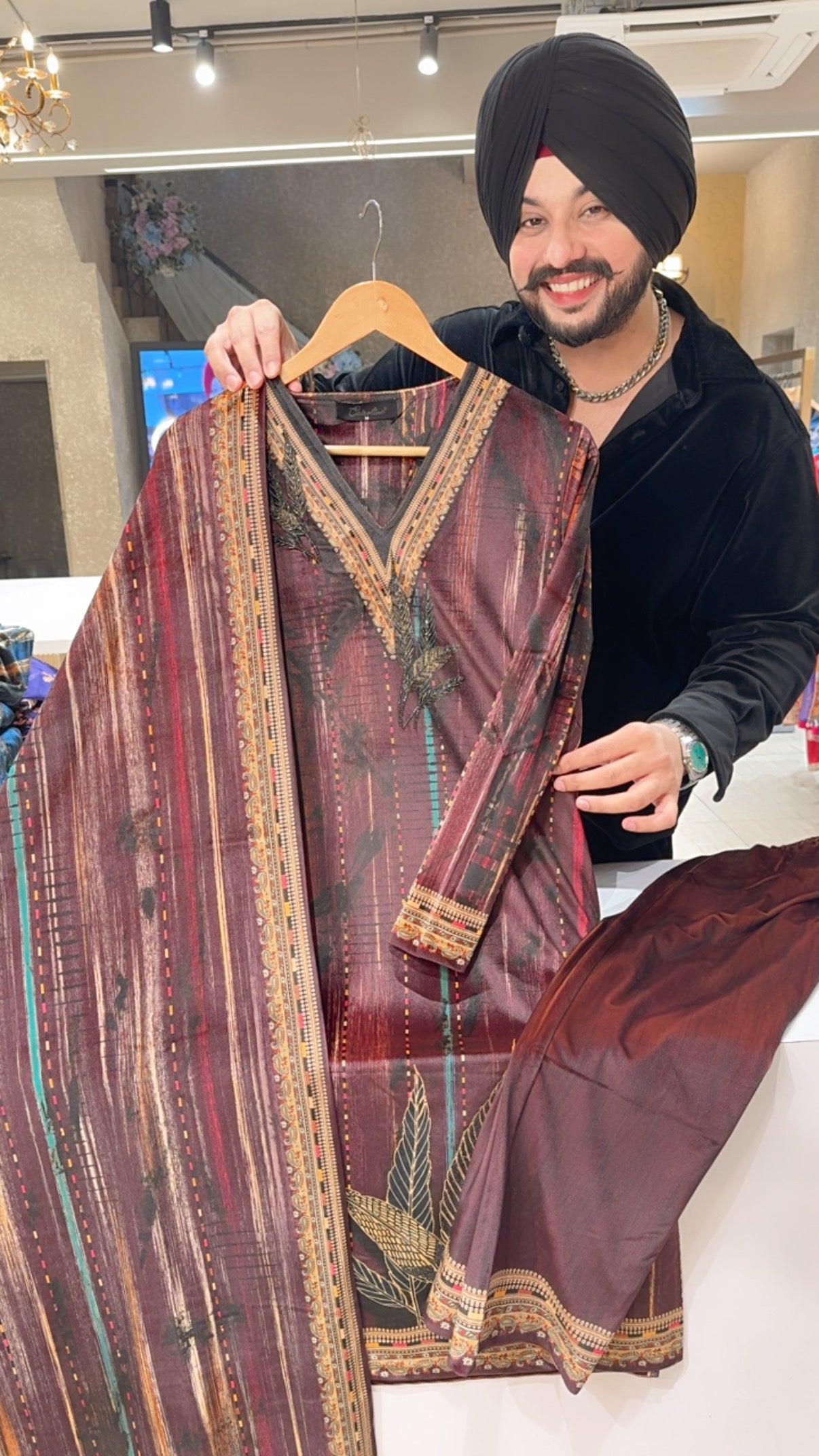 Winish Maroon Strechable velvet Digital Print Party Wear Straight suit with Sleek Hand embroidery work on it