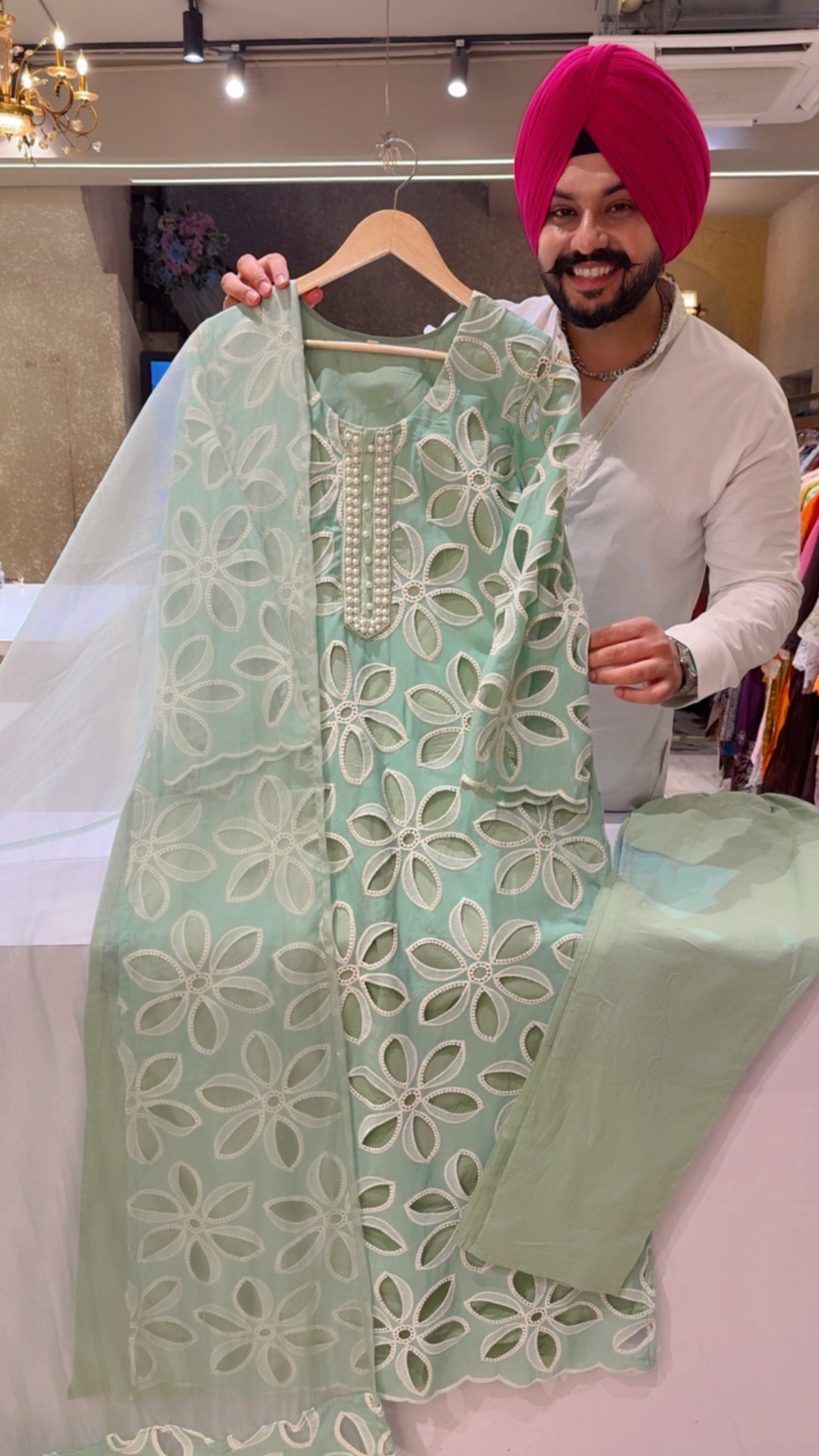 English Green Soft Organza & Cotton Designer Cutwork Straight Long Suits with Pearl work on
Neck