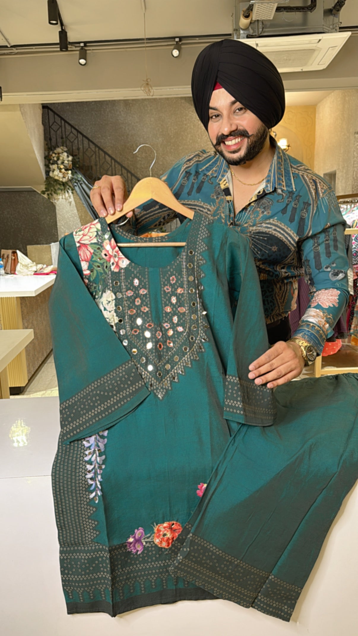 Leaf Green Roman Silk party Wear Coord set with Beautiful Hand Embroidery work