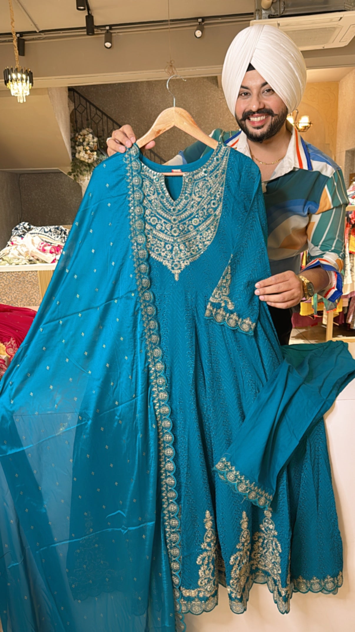 Firozi Georgette Heavy Embroidered & Shifli work Full Flair Anarkali Suit with Beautiful Duppata