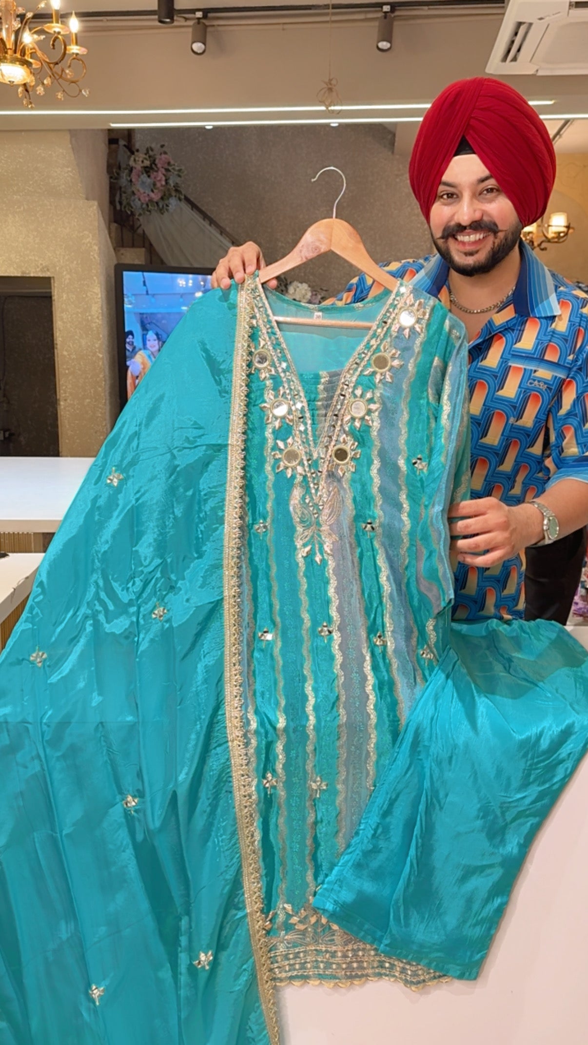 Sea Green Banarsi Silk Heavy Gotta & Mirror work party Wear Straight Suit